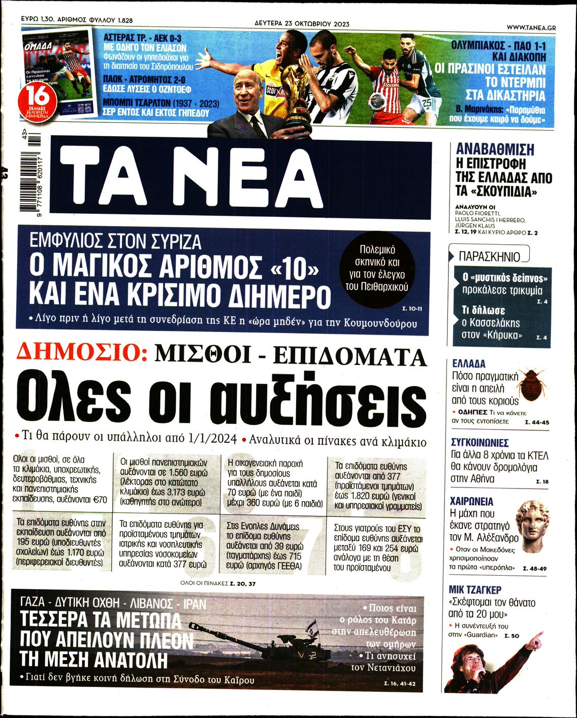 Εξώφυλο εφημερίδας ΤΑ ΝΕΑ 2023-10-23