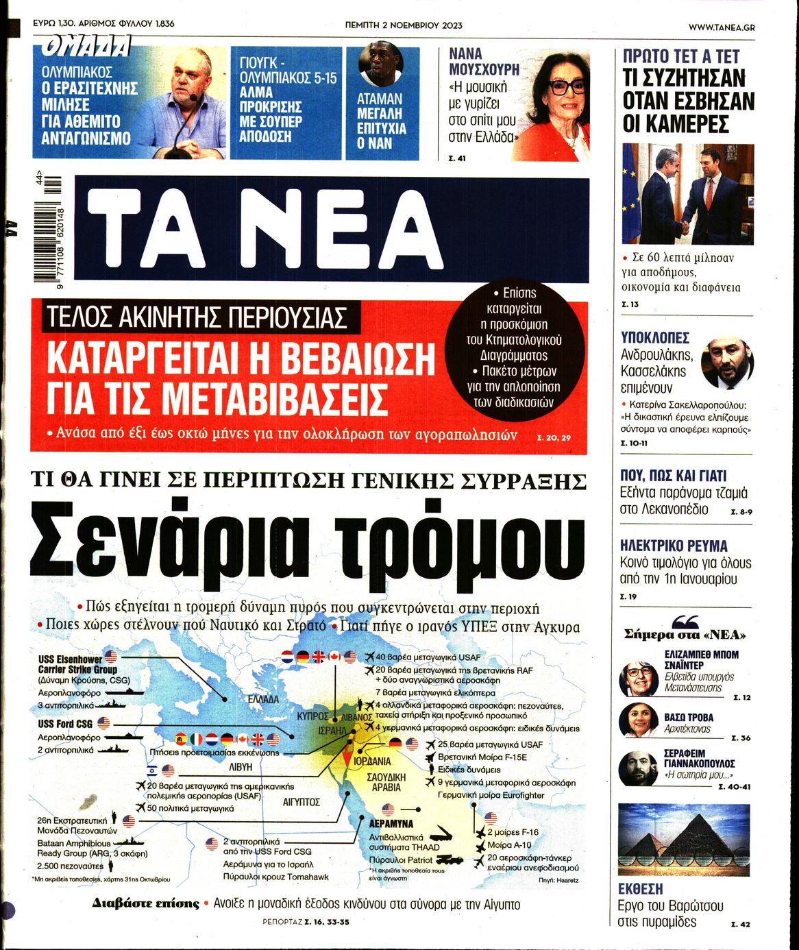 Εξώφυλο εφημερίδας ΤΑ ΝΕΑ 2023-11-02