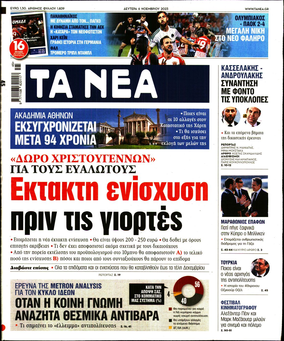 Εξώφυλο εφημερίδας ΤΑ ΝΕΑ 2023-11-06