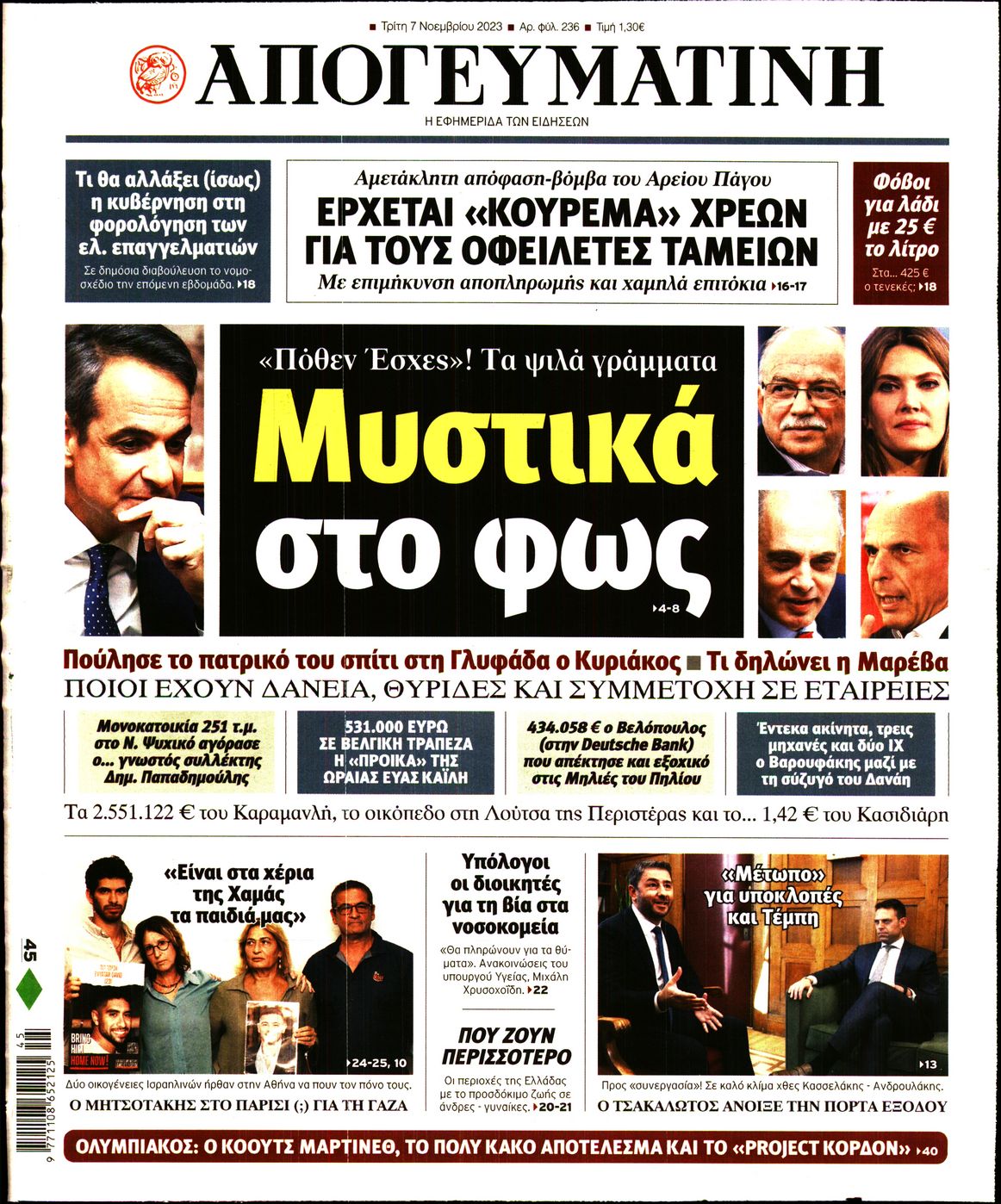 Εξώφυλο εφημερίδας ΑΠΟΓΕΥΜΑΤΙΝΗ 2023-11-07