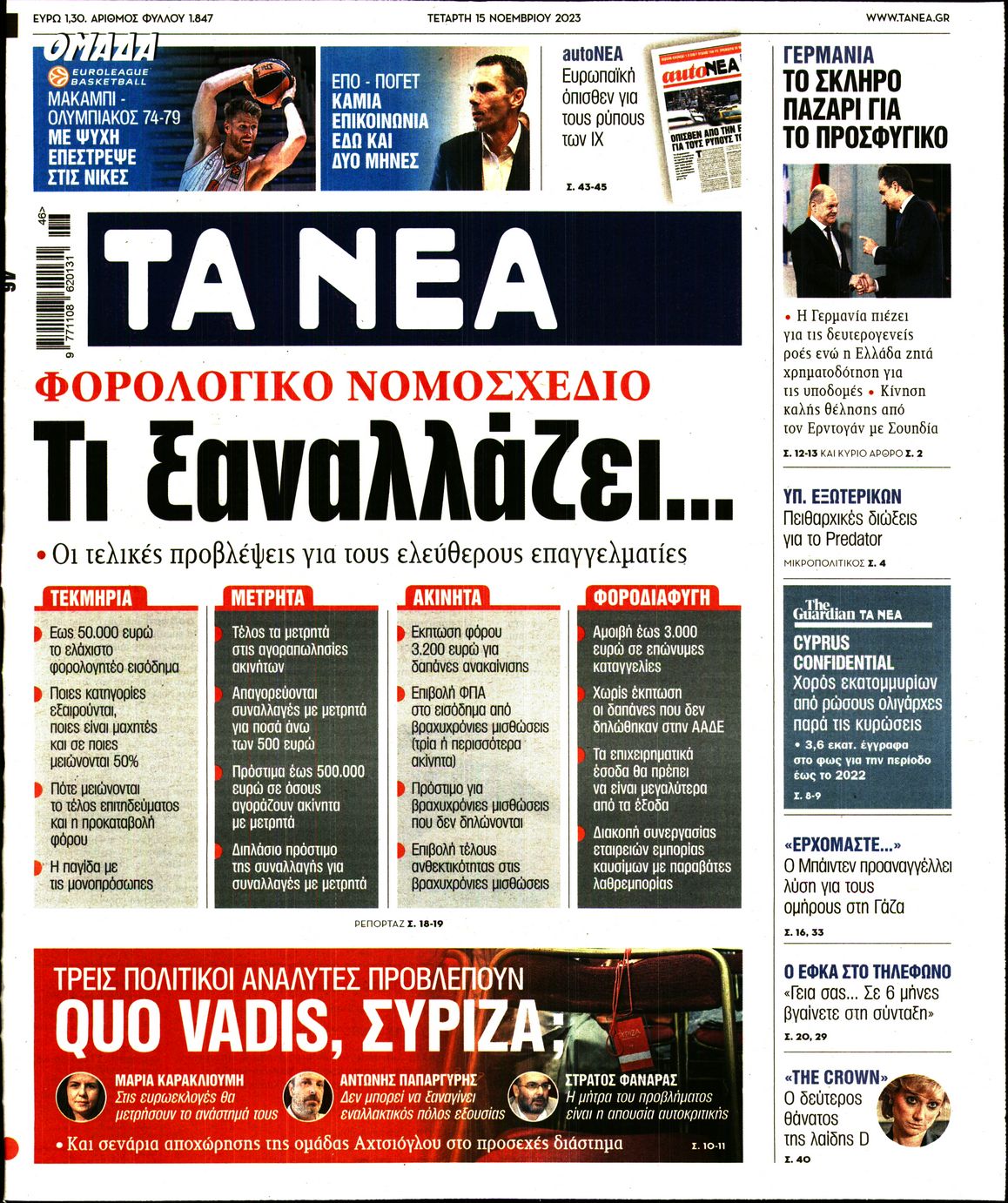 Εξώφυλο εφημερίδας ΤΑ ΝΕΑ 2023-11-15