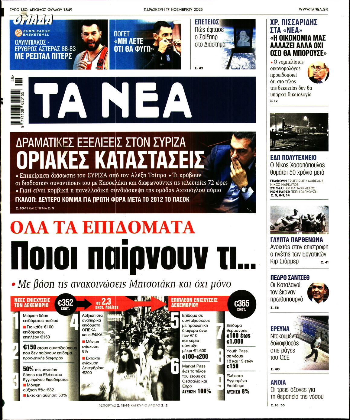 Εξώφυλο εφημερίδας ΤΑ ΝΕΑ 2023-11-17