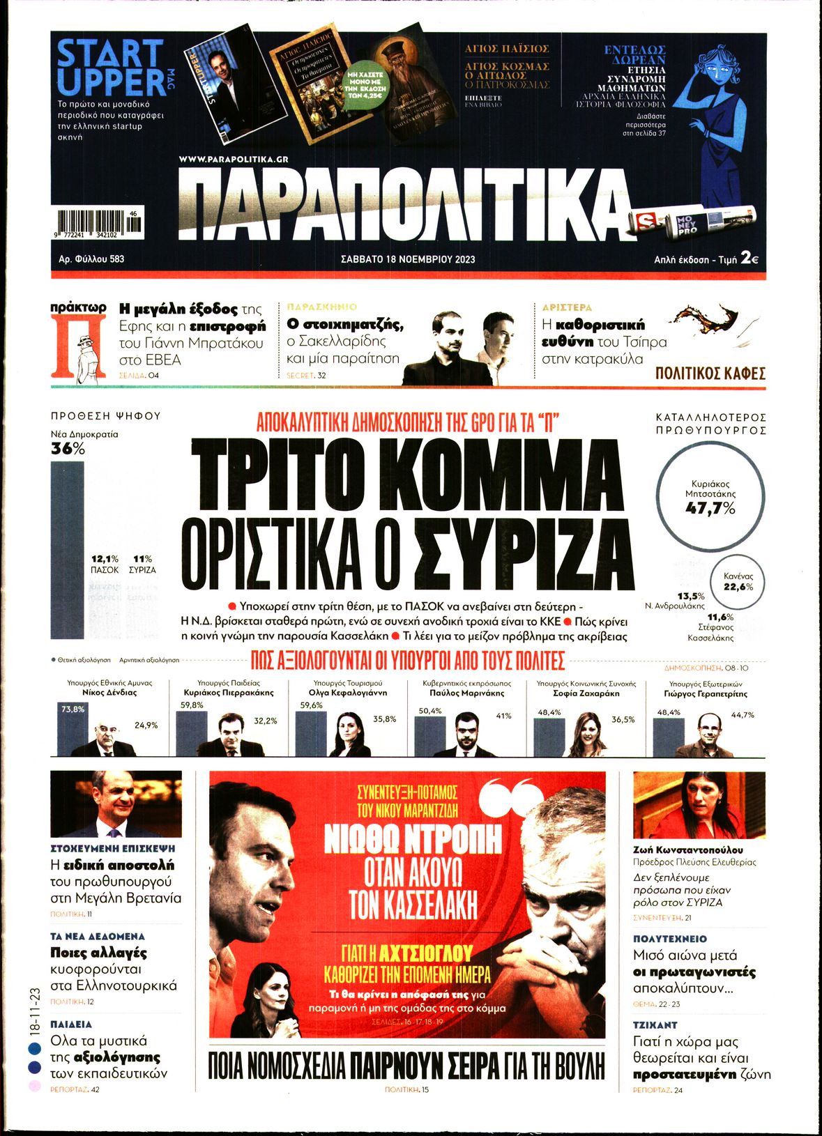 Εξώφυλο εφημερίδας ΠΑΡΑΠΟΛΙΤΙΚΑ 2023-11-18
