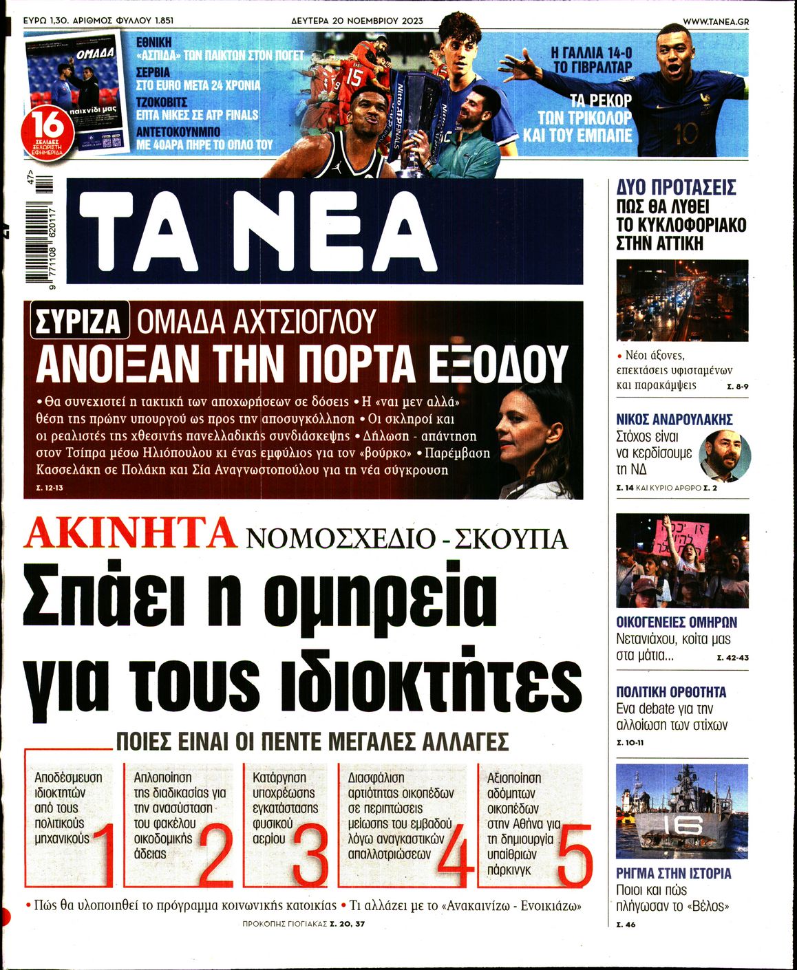 Εξώφυλο εφημερίδας ΤΑ ΝΕΑ 2023-11-20