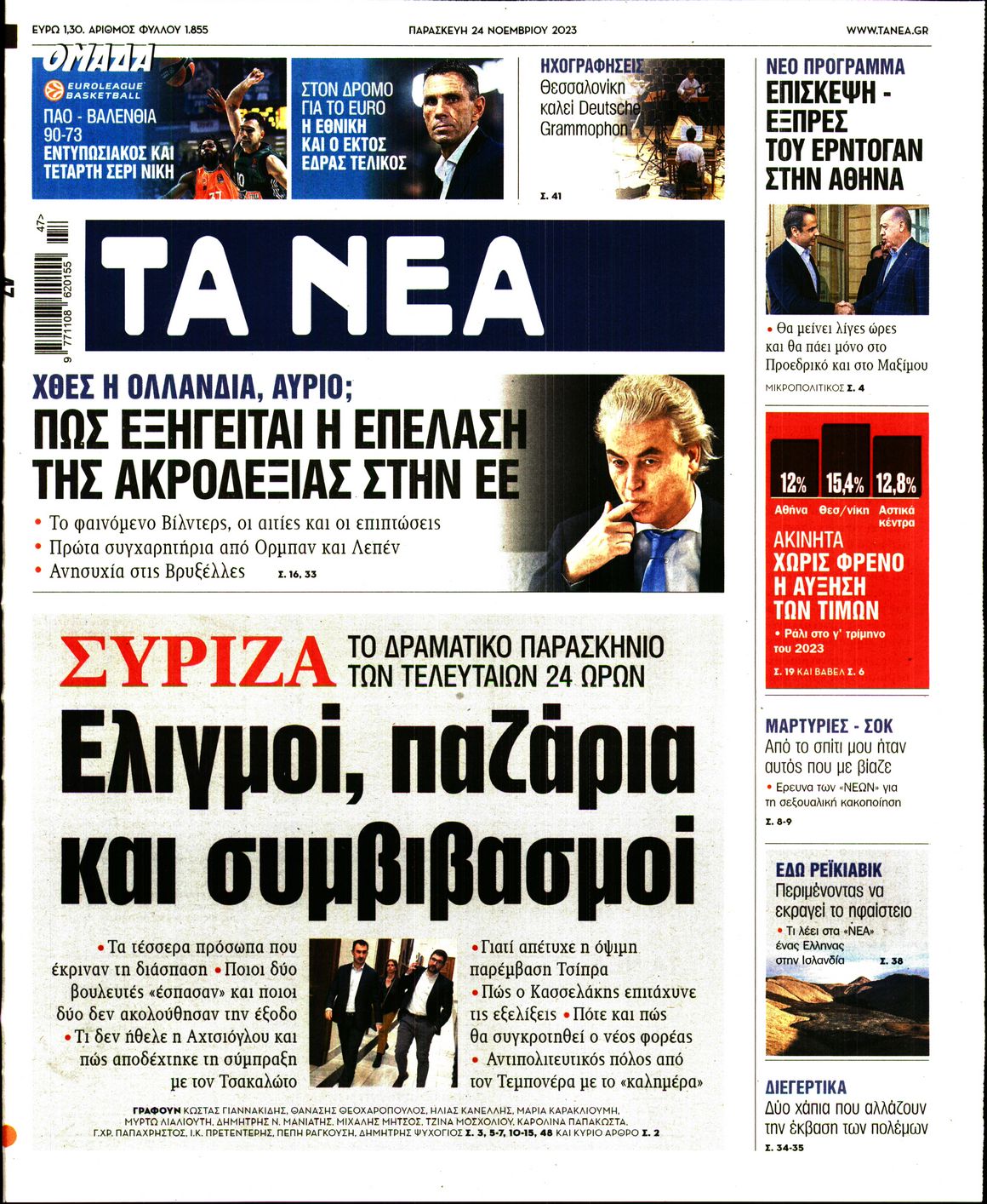 Εξώφυλο εφημερίδας ΤΑ ΝΕΑ 2023-11-24