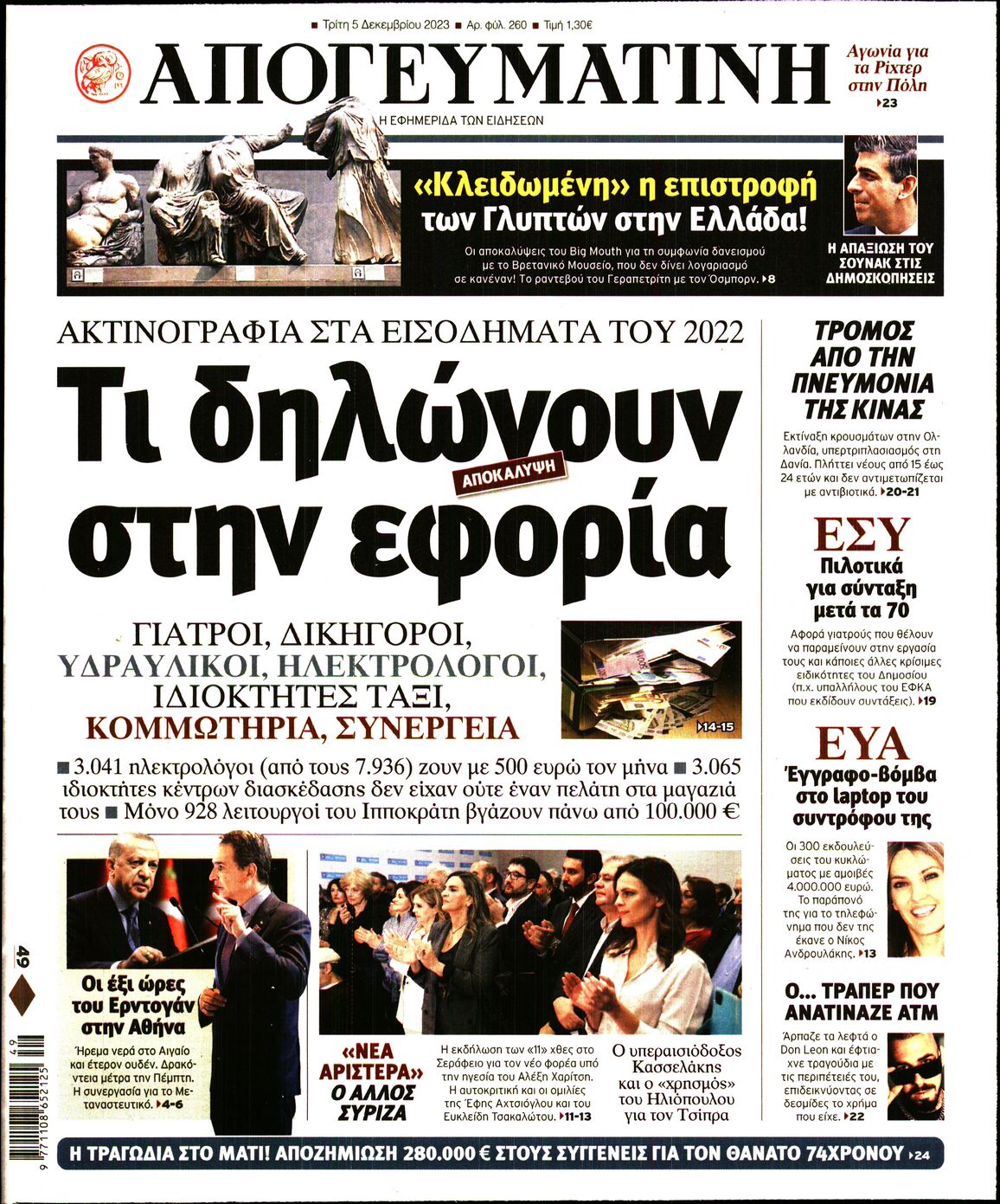 Εξώφυλο εφημερίδας ΑΠΟΓΕΥΜΑΤΙΝΗ 2023-12-05