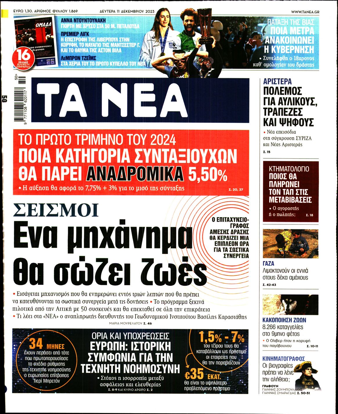 Εξώφυλο εφημερίδας ΤΑ ΝΕΑ 2023-12-11