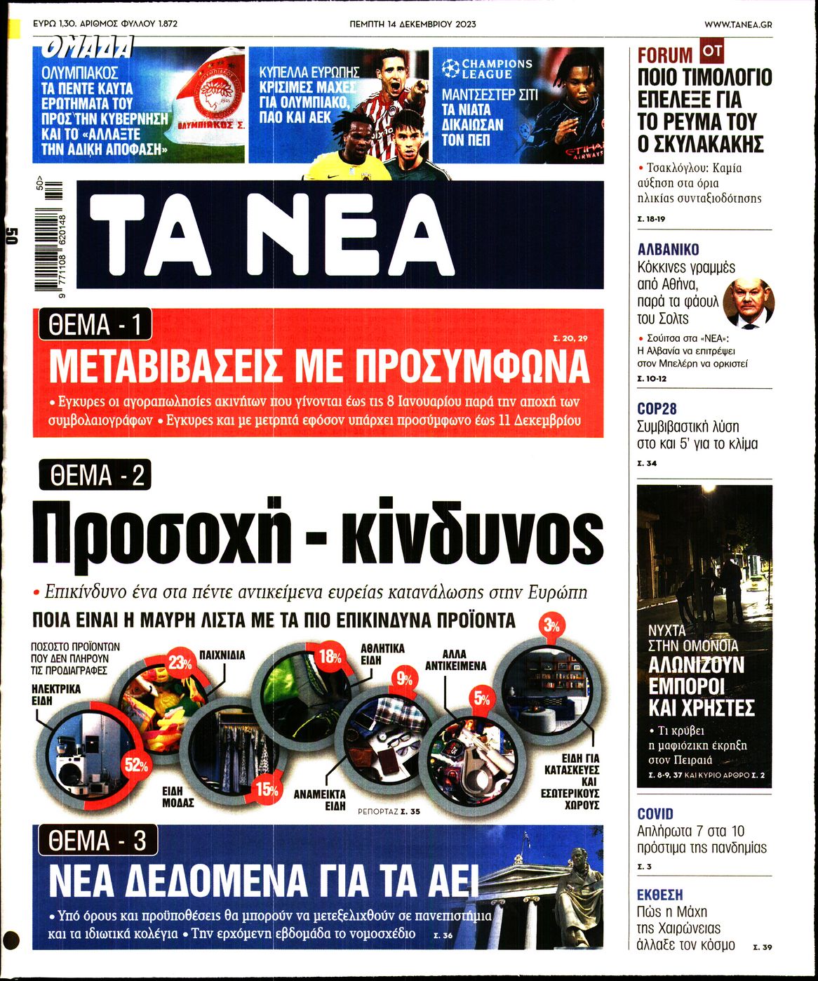 Εξώφυλο εφημερίδας ΤΑ ΝΕΑ 2023-12-14