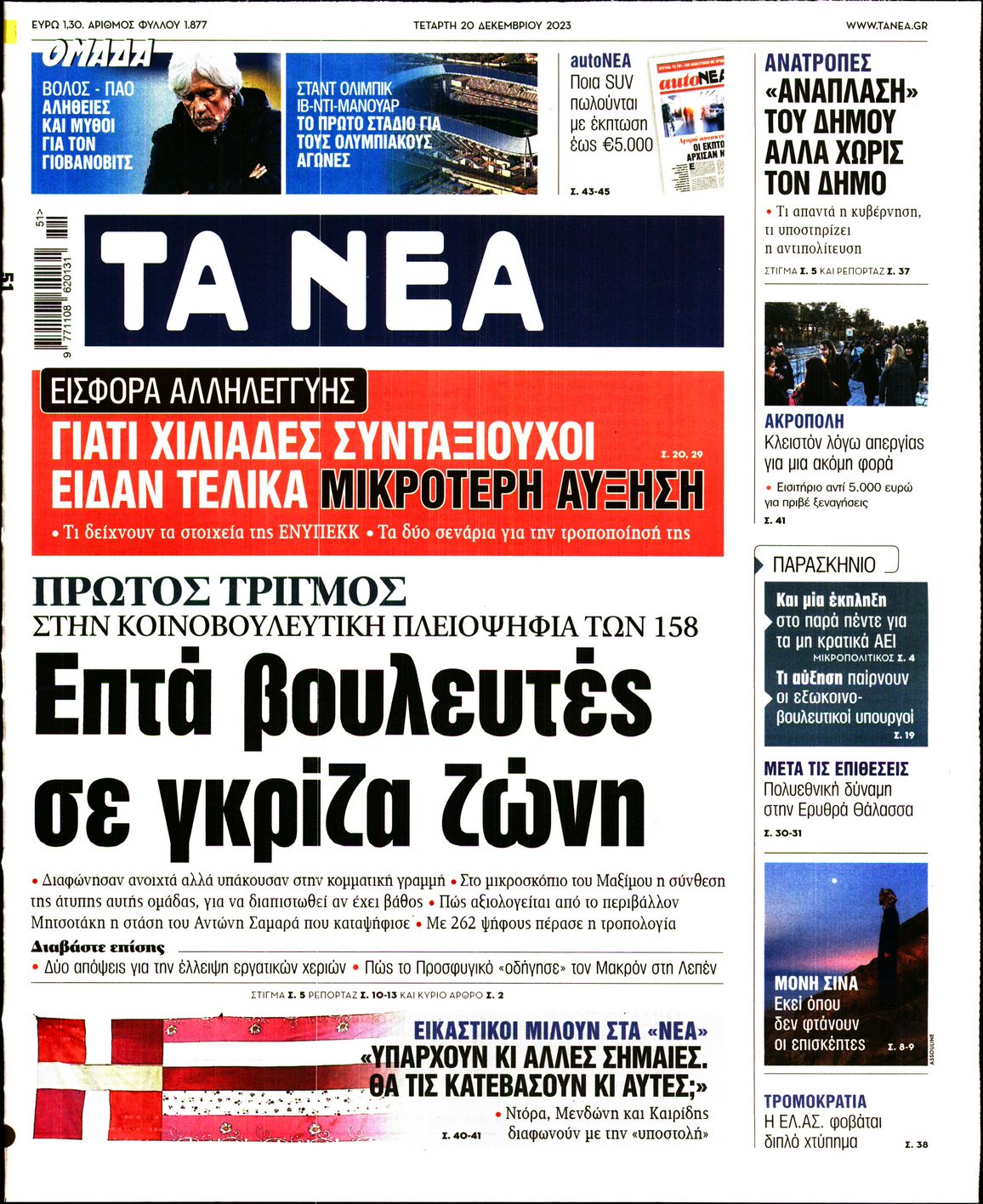 Εξώφυλο εφημερίδας ΤΑ ΝΕΑ 2023-12-20