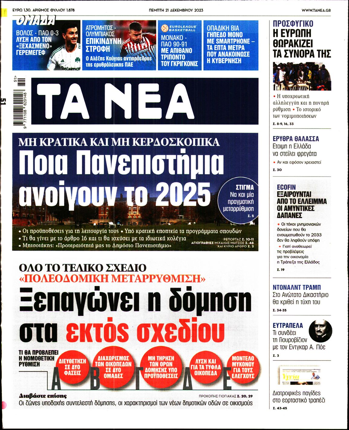 Εξώφυλο εφημερίδας ΤΑ ΝΕΑ 2023-12-21