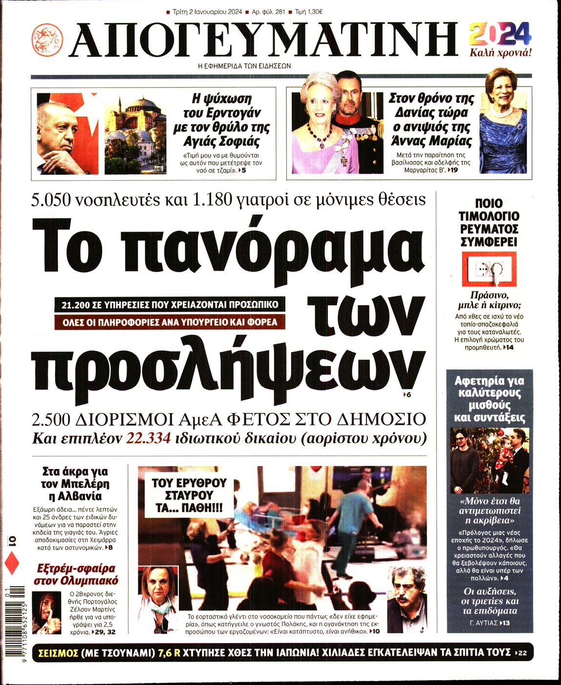Εξώφυλο εφημερίδας ΑΠΟΓΕΥΜΑΤΙΝΗ 2024-01-02