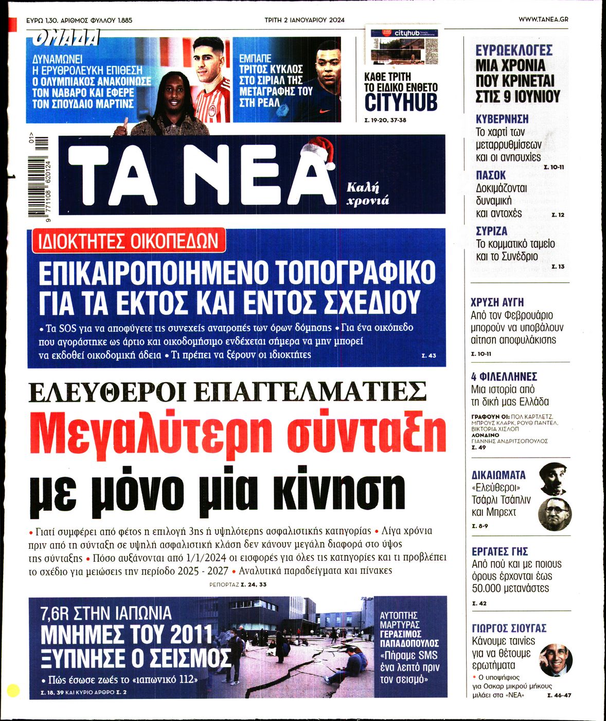 Εξώφυλο εφημερίδας ΤΑ ΝΕΑ 2024-01-02