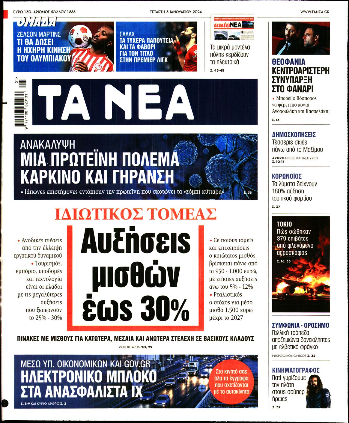 Εξώφυλο εφημερίδας ΤΑ ΝΕΑ 2024-01-03