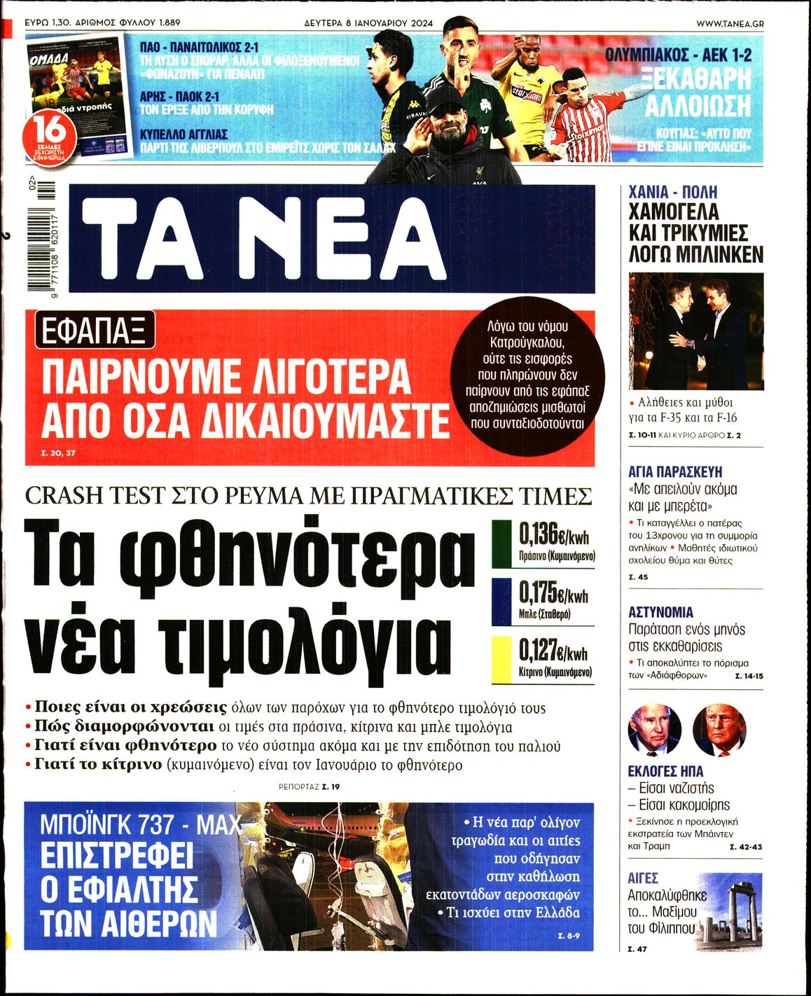 Εξώφυλο εφημερίδας ΤΑ ΝΕΑ 2024-01-08