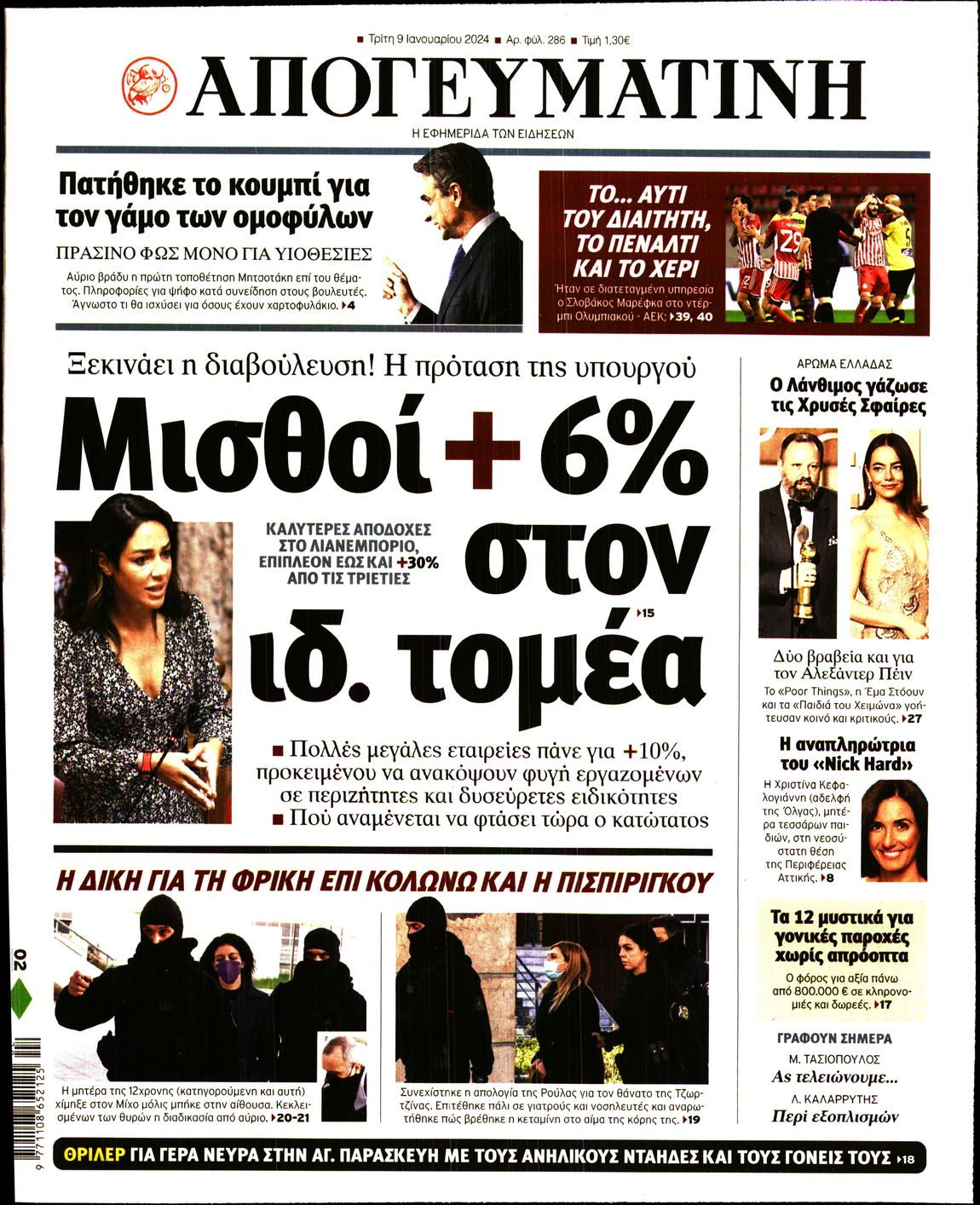 Εξώφυλο εφημερίδας ΑΠΟΓΕΥΜΑΤΙΝΗ 2024-01-09