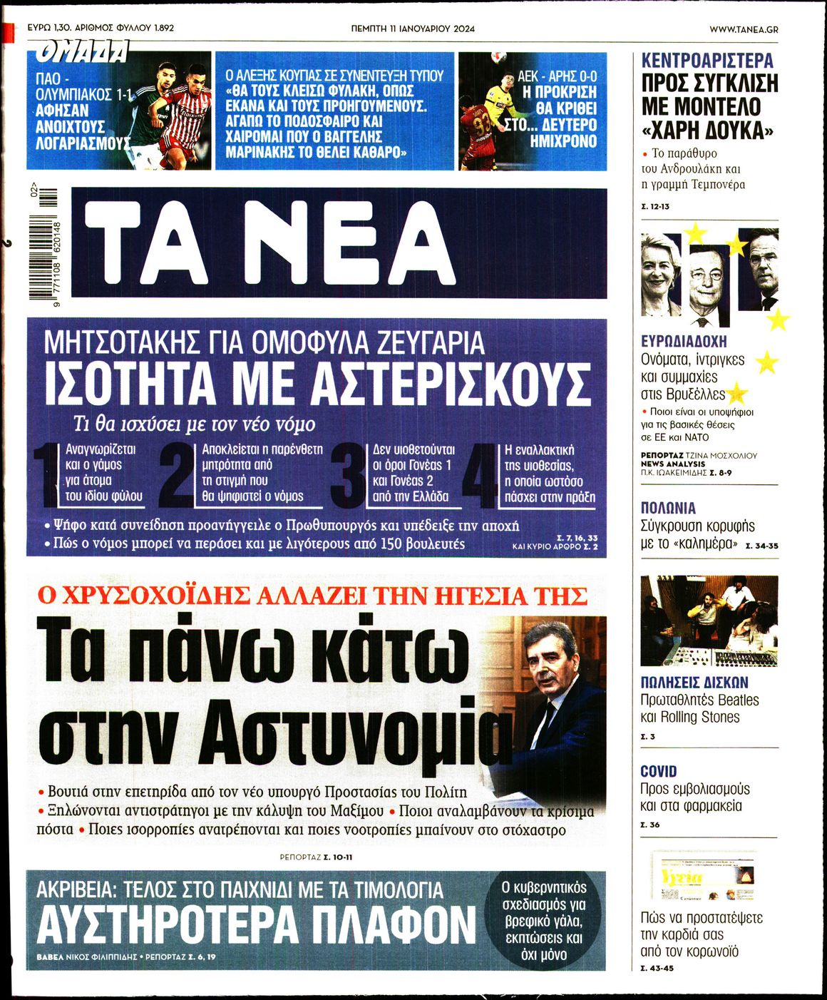 Εξώφυλο εφημερίδας ΤΑ ΝΕΑ 2024-01-11