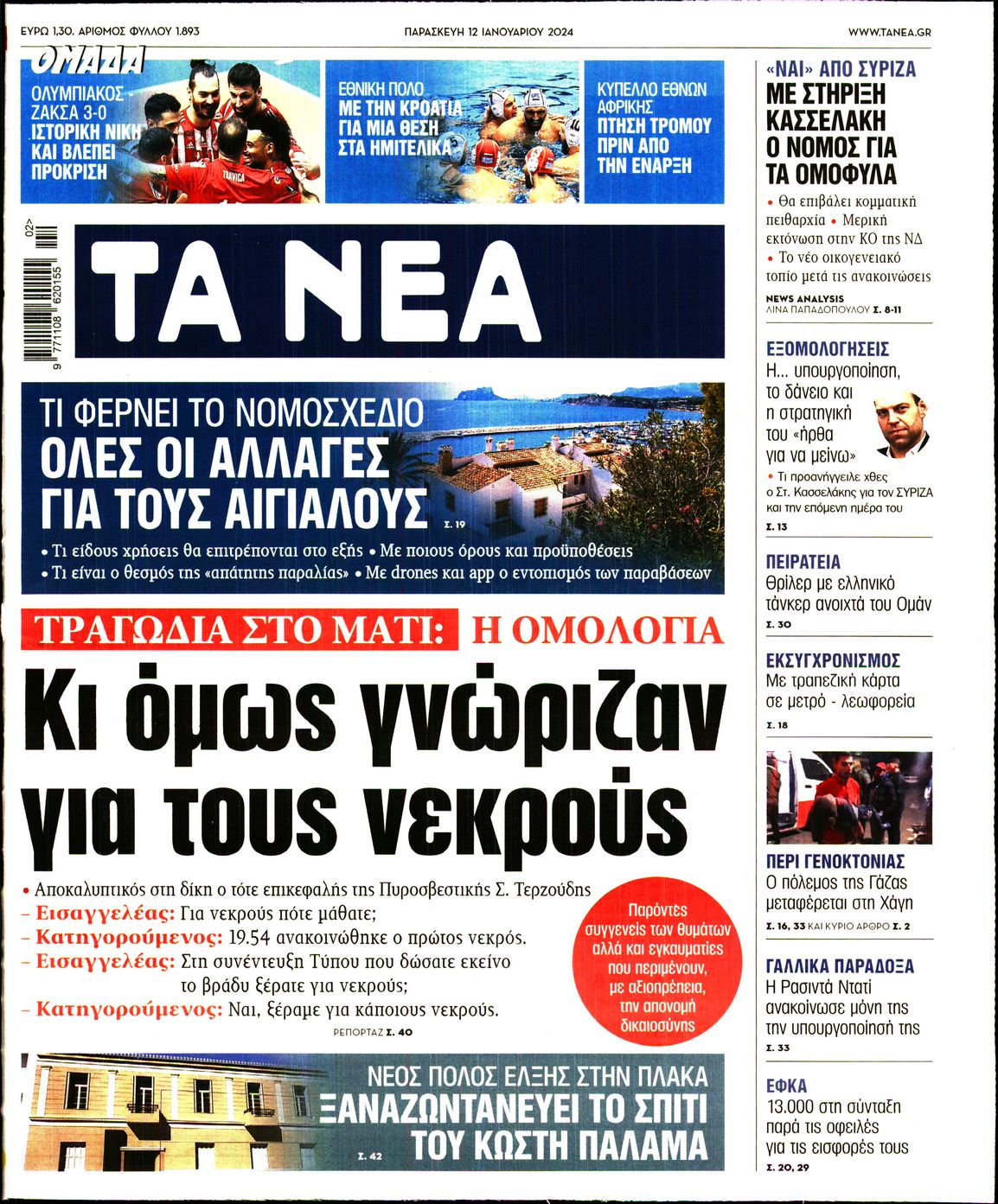 Εξώφυλο εφημερίδας ΤΑ ΝΕΑ 2024-01-12