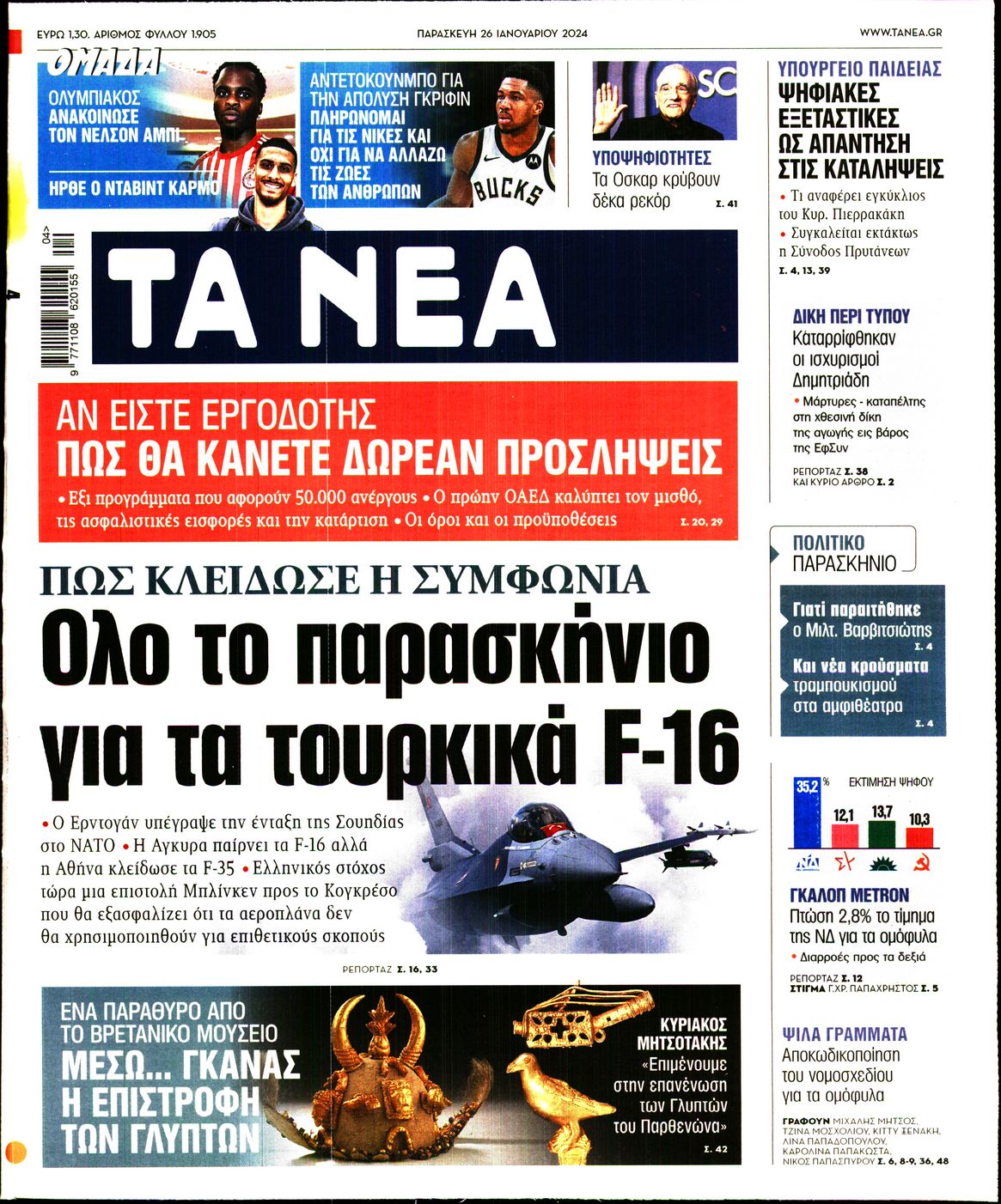Εξώφυλο εφημερίδας ΤΑ ΝΕΑ 2024-01-26