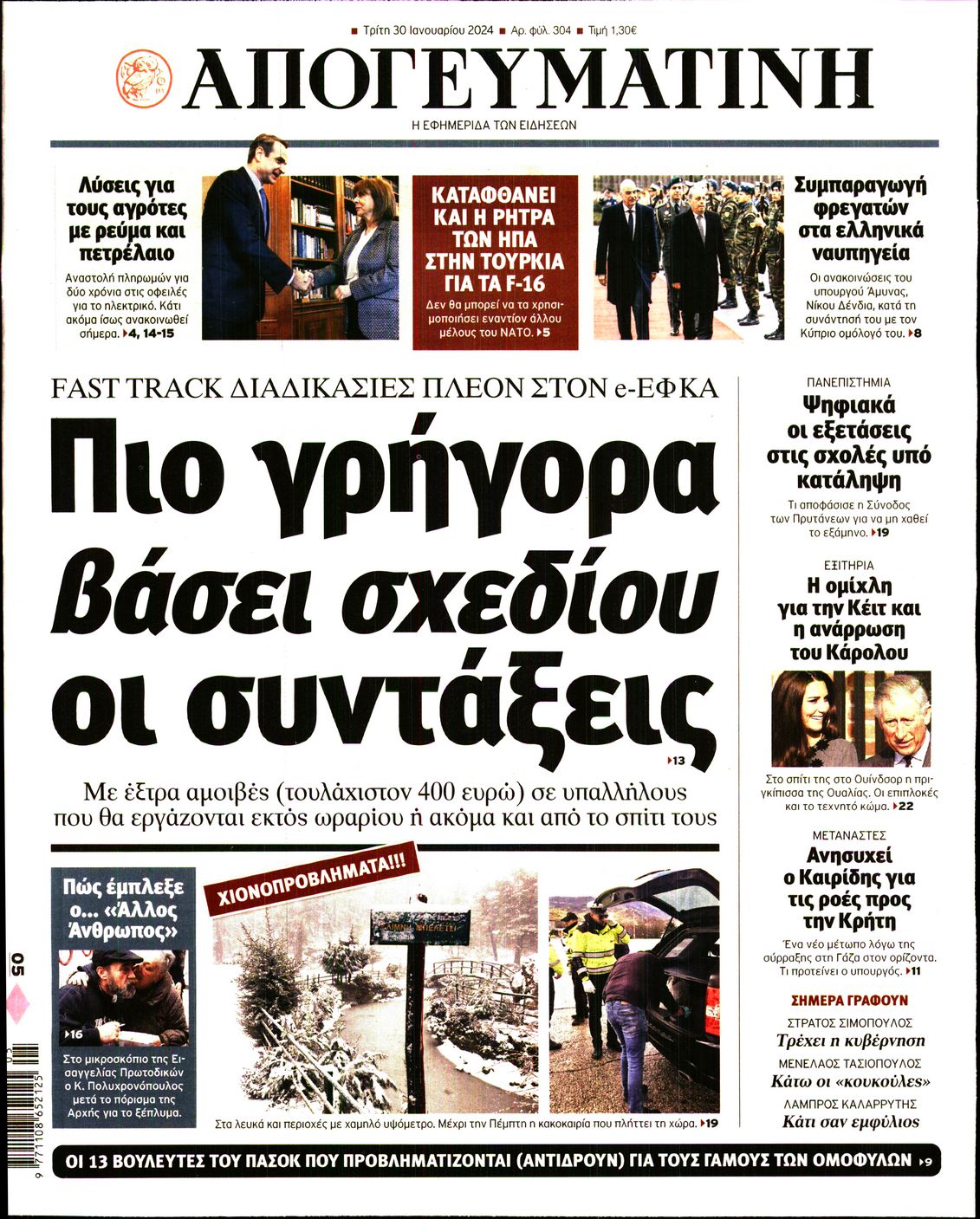 Εξώφυλο εφημερίδας ΑΠΟΓΕΥΜΑΤΙΝΗ 2024-01-30