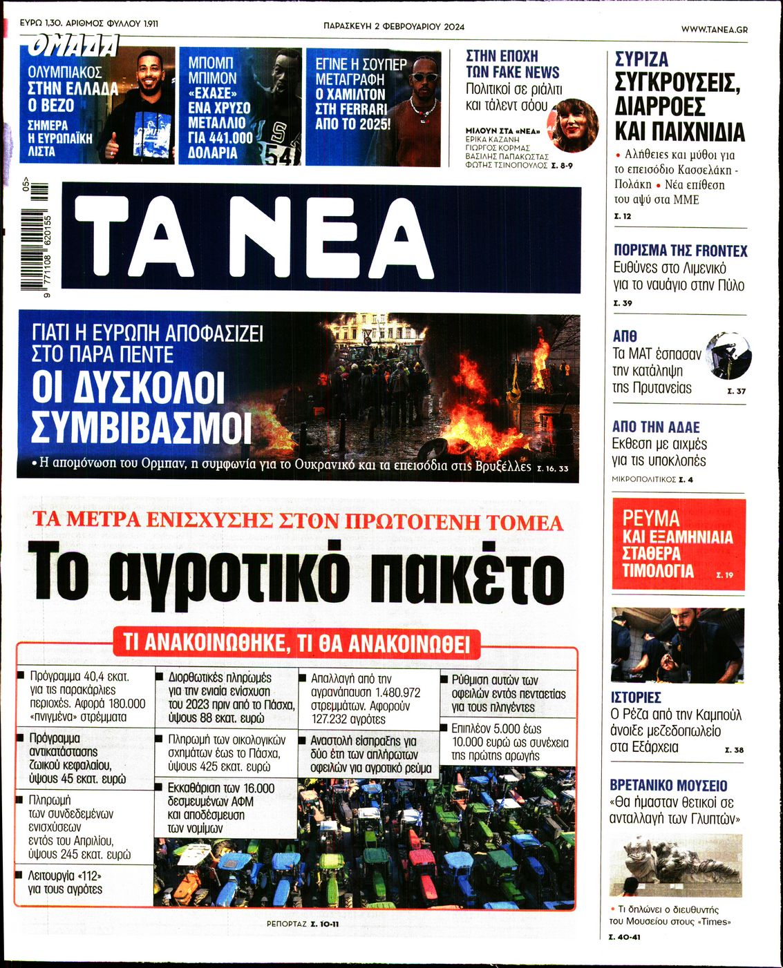 Εξώφυλο εφημερίδας ΤΑ ΝΕΑ 2024-02-02