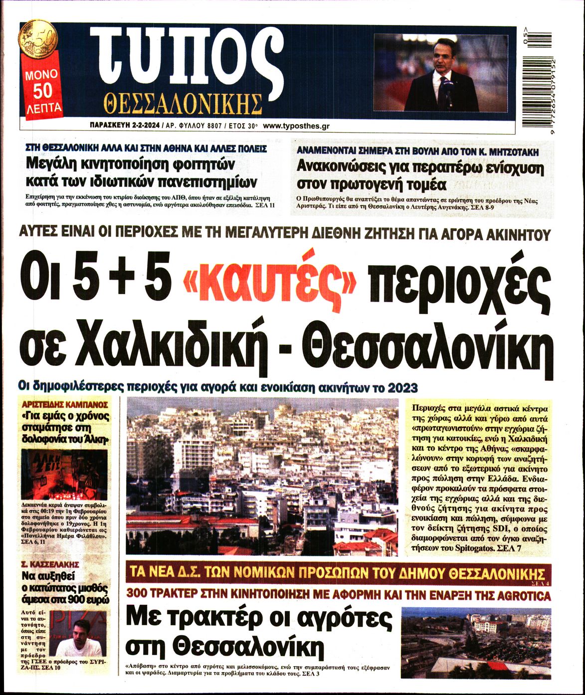 Εξώφυλο εφημερίδας ΤΥΠΟΣ ΘΕΣ/ΝΙΚΗΣ 2024-02-02
