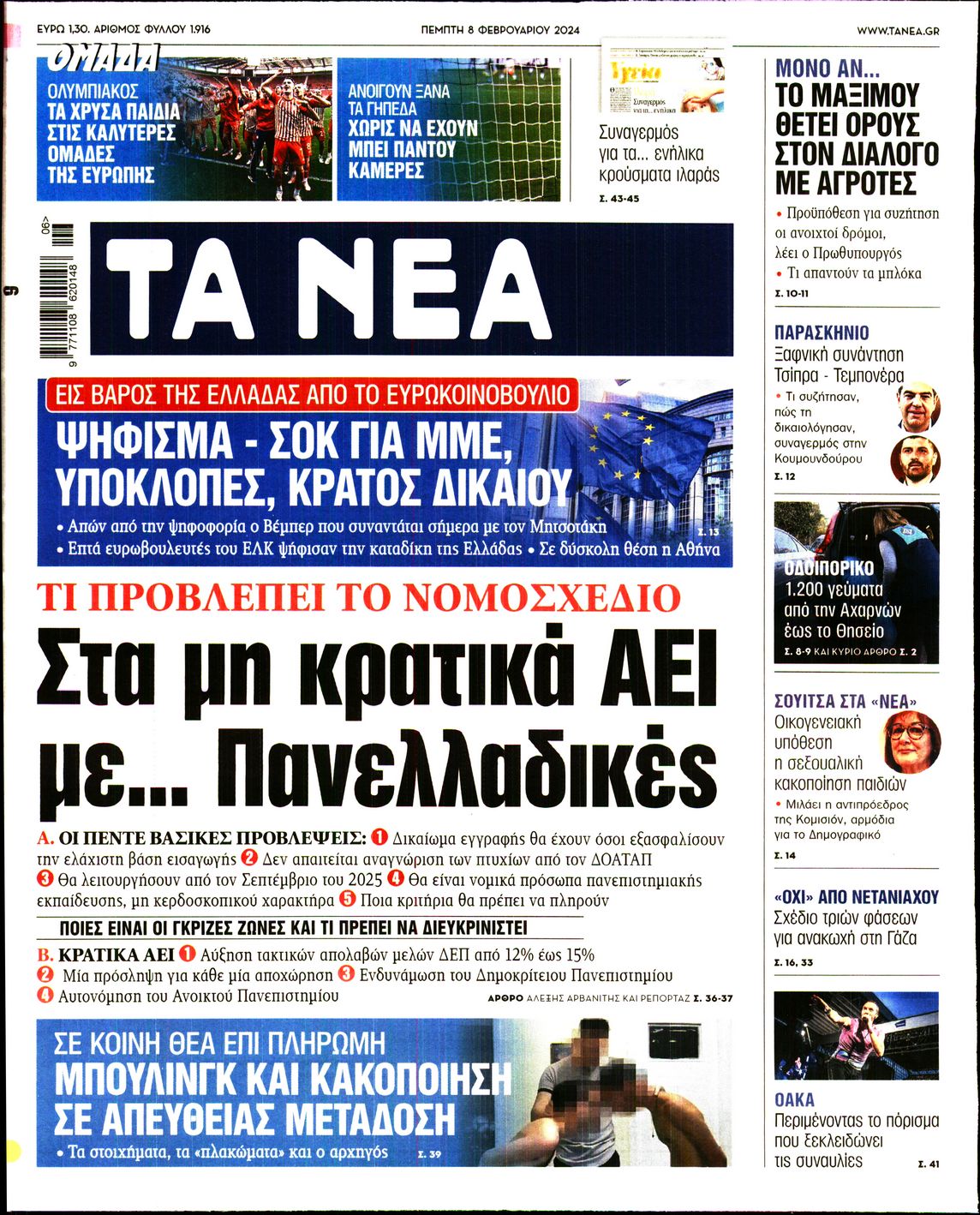 Εξώφυλο εφημερίδας ΤΑ ΝΕΑ 2024-02-08