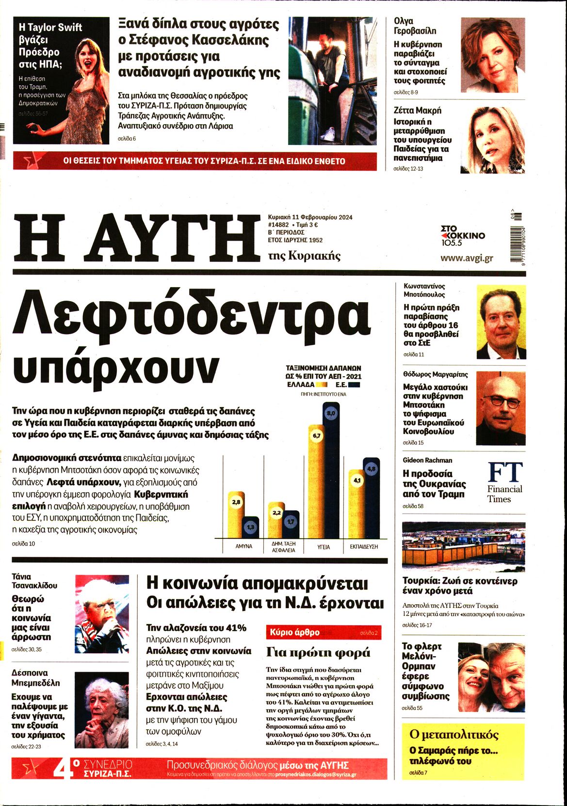Εξώφυλο εφημερίδας ΑΥΓΗ 2024-02-11