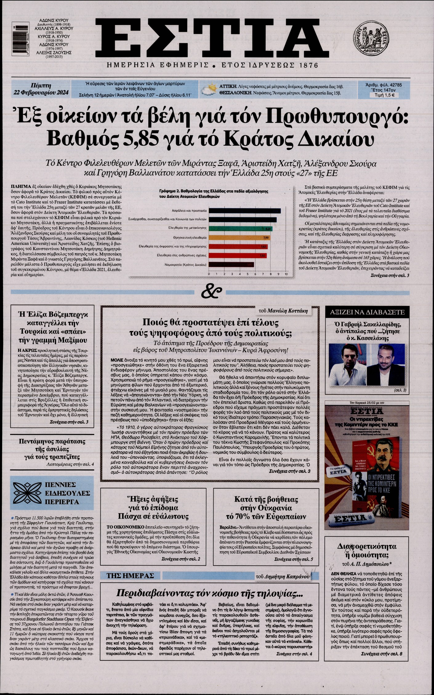 Εξώφυλο εφημερίδας ΕΣΤΙΑ 2024-02-22