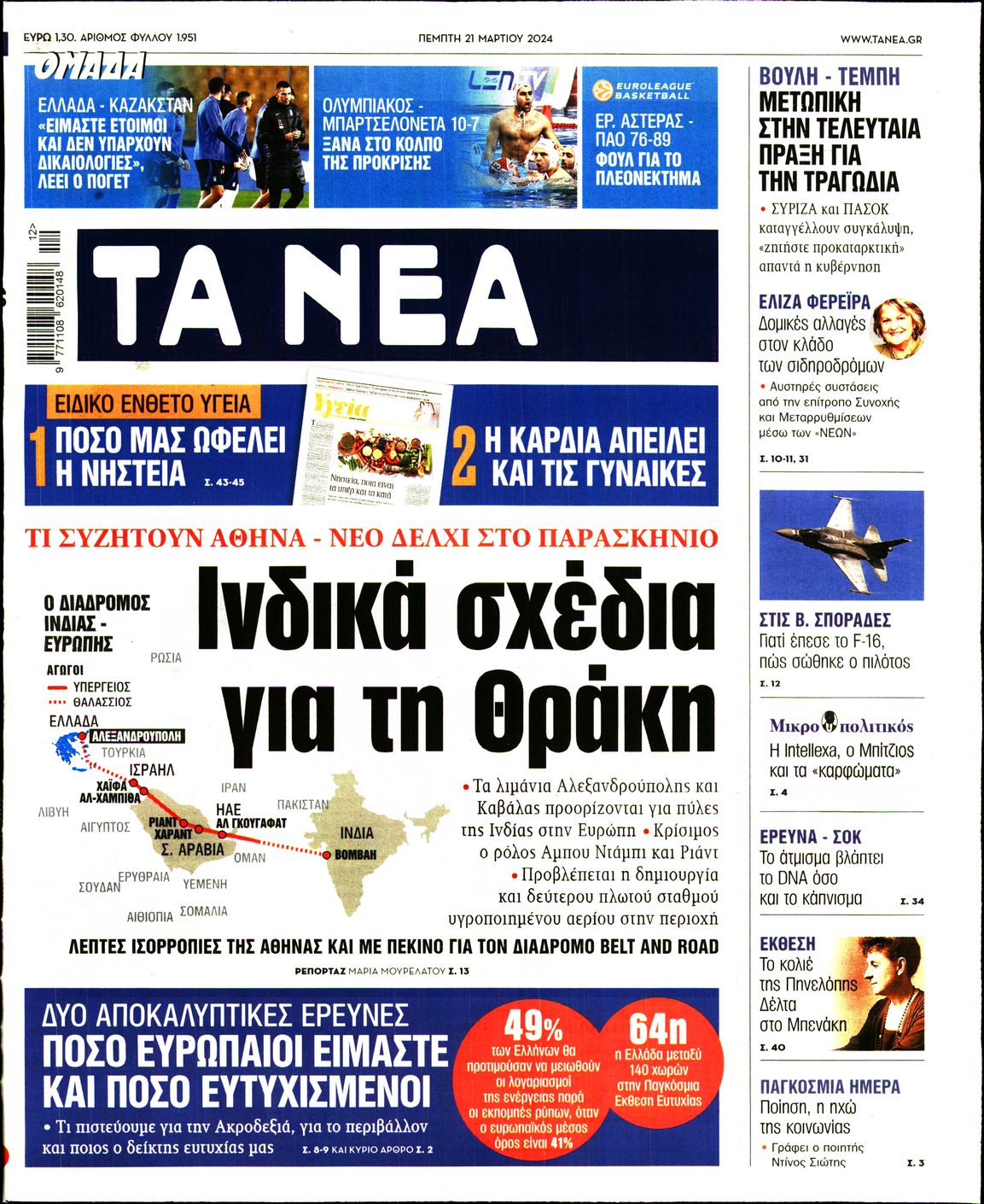 Εξώφυλο εφημερίδας ΤΑ ΝΕΑ 2024-03-21