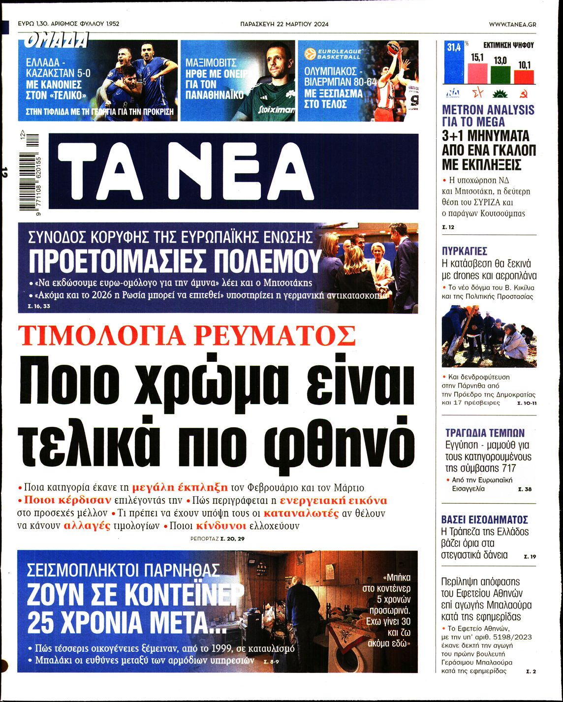 Εξώφυλο εφημερίδας ΤΑ ΝΕΑ 2024-03-22
