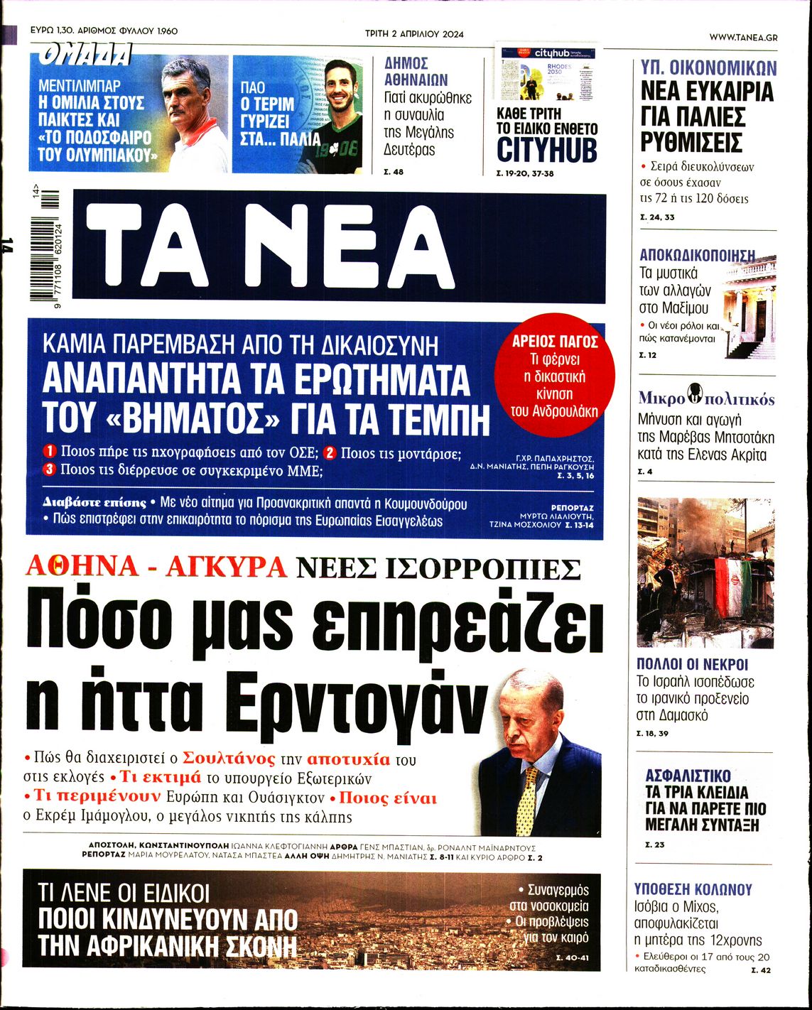 Εξώφυλο εφημερίδας ΤΑ ΝΕΑ 2024-04-02