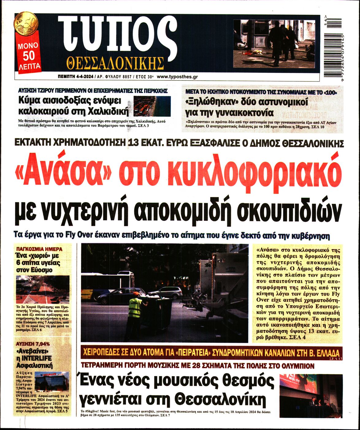 Εξώφυλο εφημερίδας ΤΥΠΟΣ ΘΕΣ/ΝΙΚΗΣ 2024-04-04