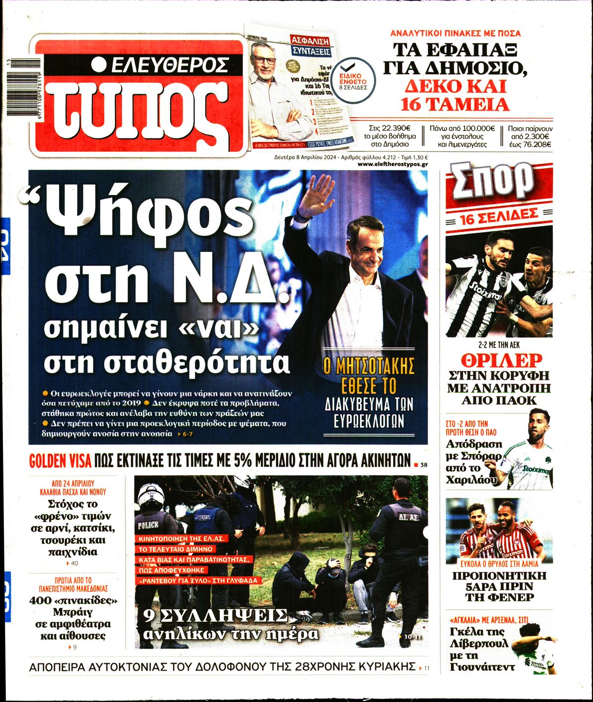 Εξώφυλο εφημερίδας ΕΛΕΥΘΕΡΟΣ ΤΥΠΟΣ 2024-04-08