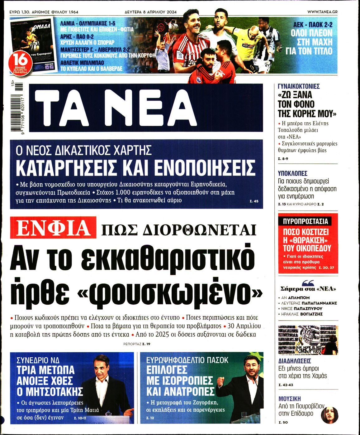 Εξώφυλο εφημερίδας ΤΑ ΝΕΑ 2024-04-08