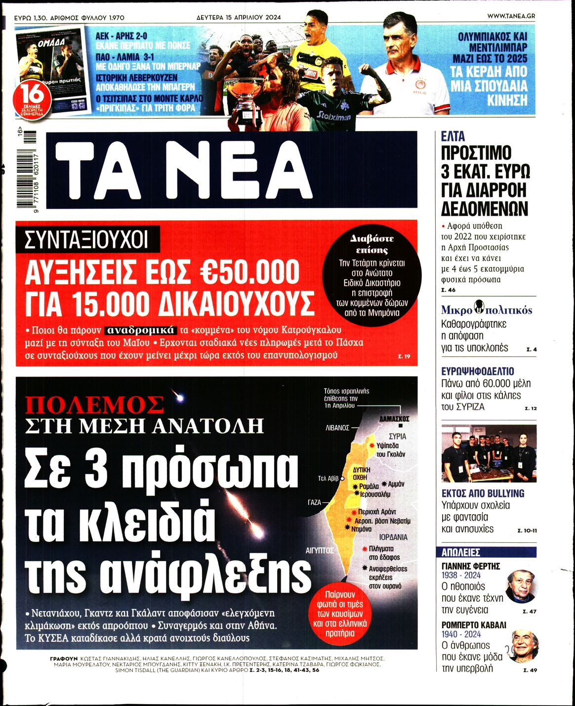 Εξώφυλο εφημερίδας ΤΑ ΝΕΑ 2024-04-15