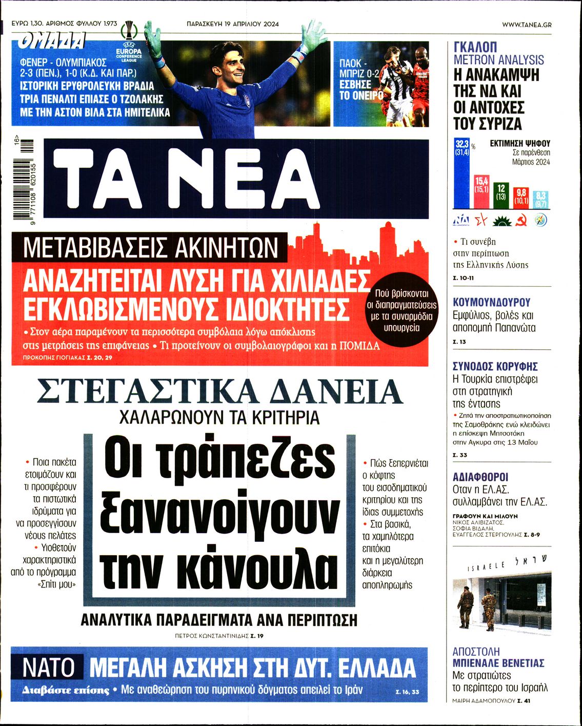 Εξώφυλο εφημερίδας ΤΑ ΝΕΑ 2024-04-19