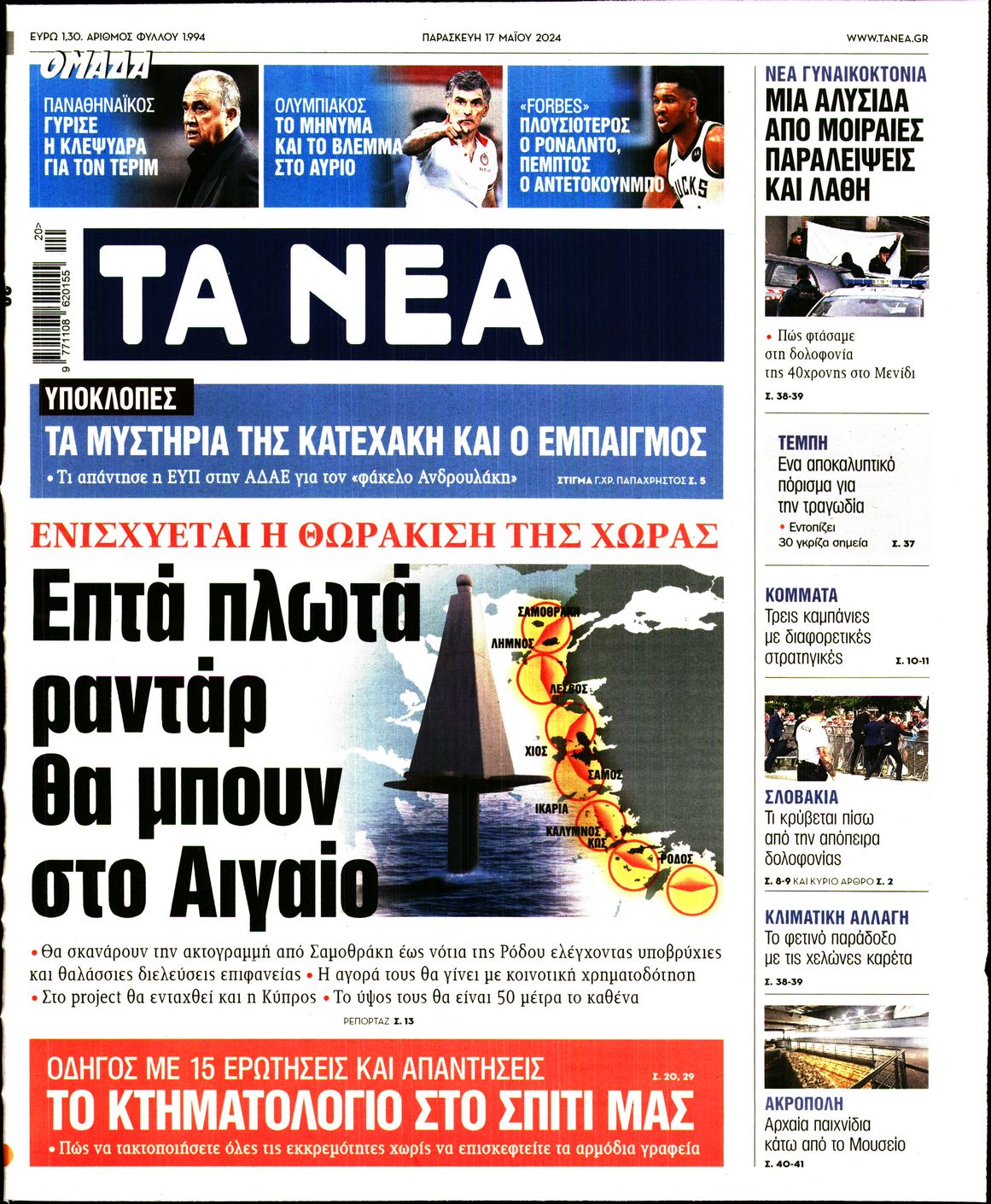 Εξώφυλο εφημερίδας ΤΑ ΝΕΑ 2024-05-17