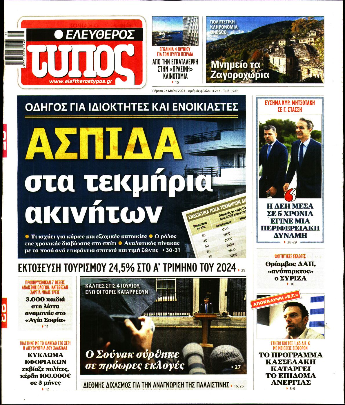 Εξώφυλο εφημερίδας ΕΛΕΥΘΕΡΟΣ ΤΥΠΟΣ 2024-05-23