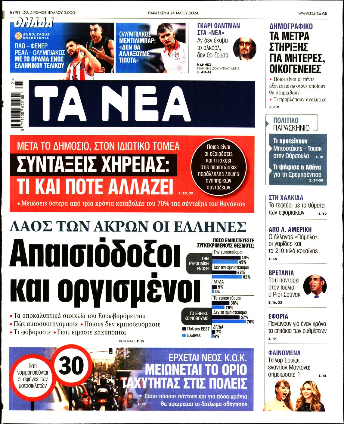 Εξώφυλο εφημερίδας ΤΑ ΝΕΑ 2024-05-24