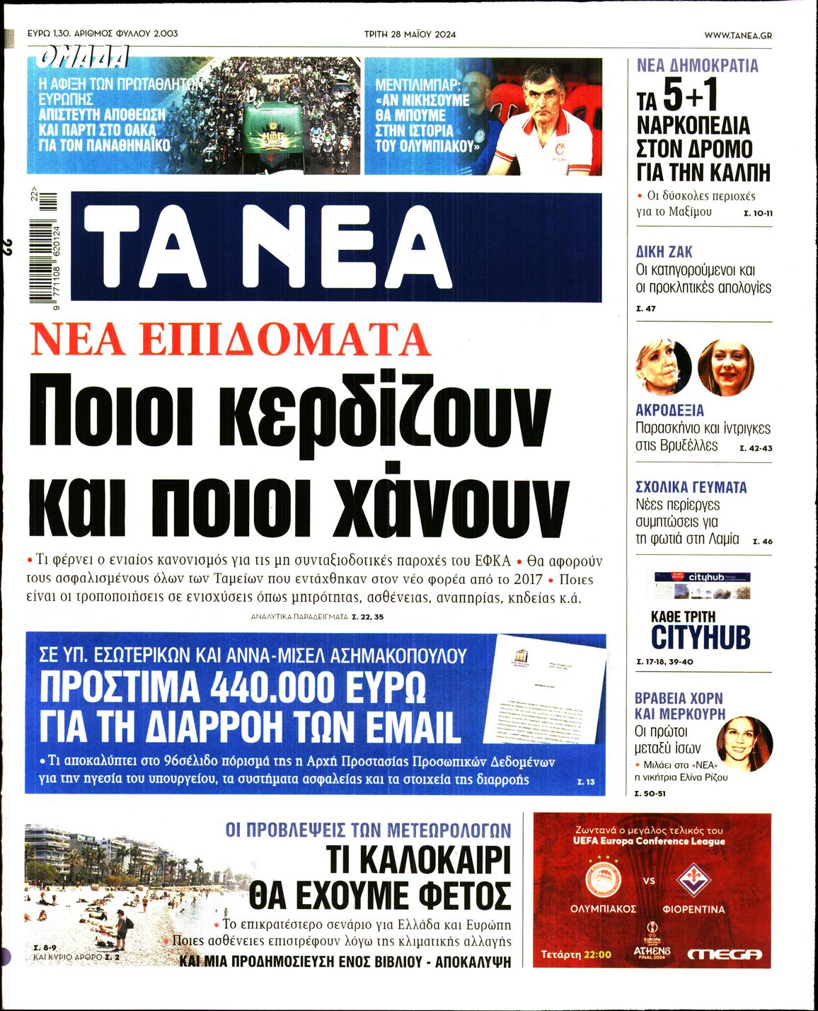 Εξώφυλο εφημερίδας ΤΑ ΝΕΑ 2024-05-28