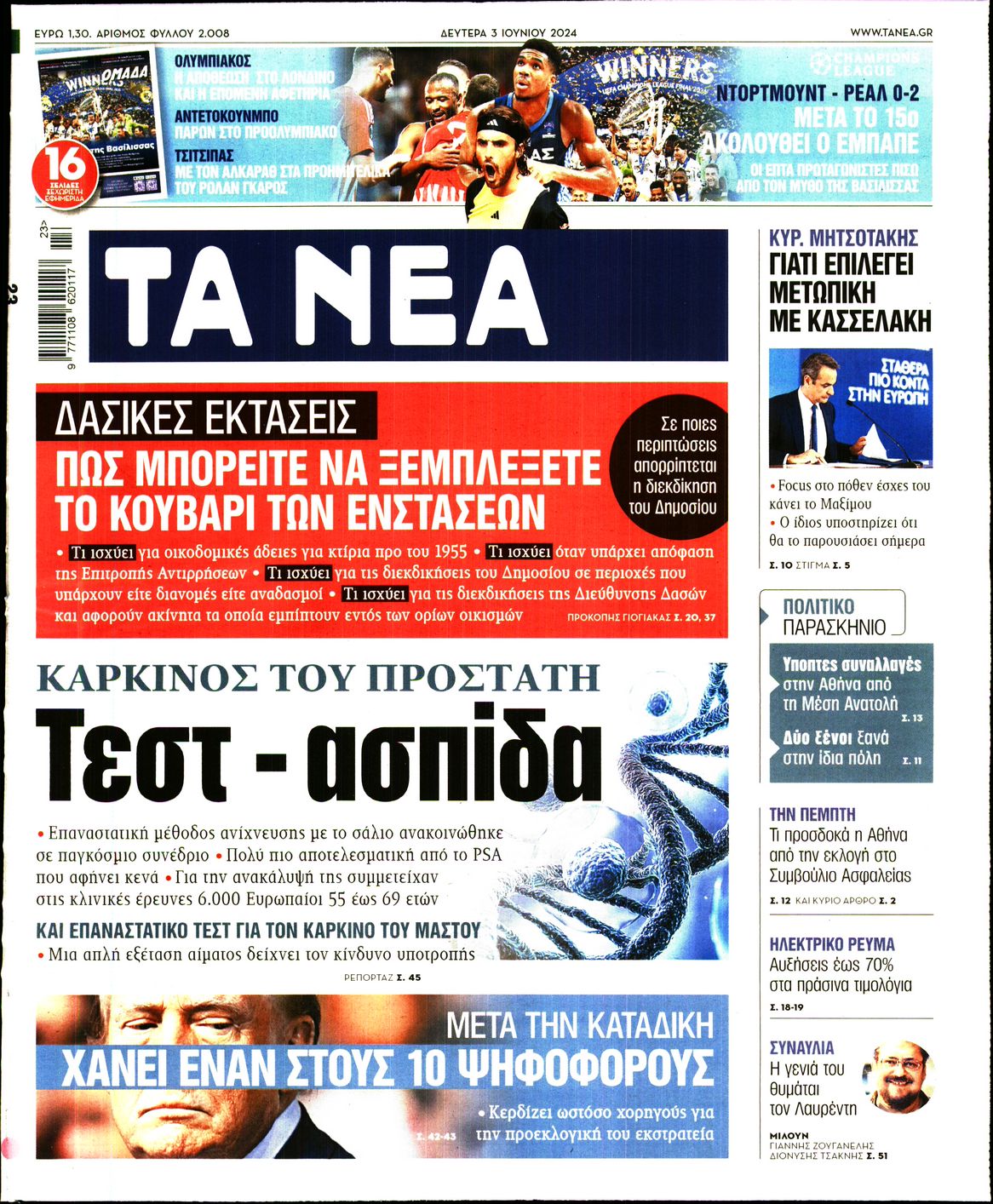 Εξώφυλο εφημερίδας ΤΑ ΝΕΑ 2024-06-03