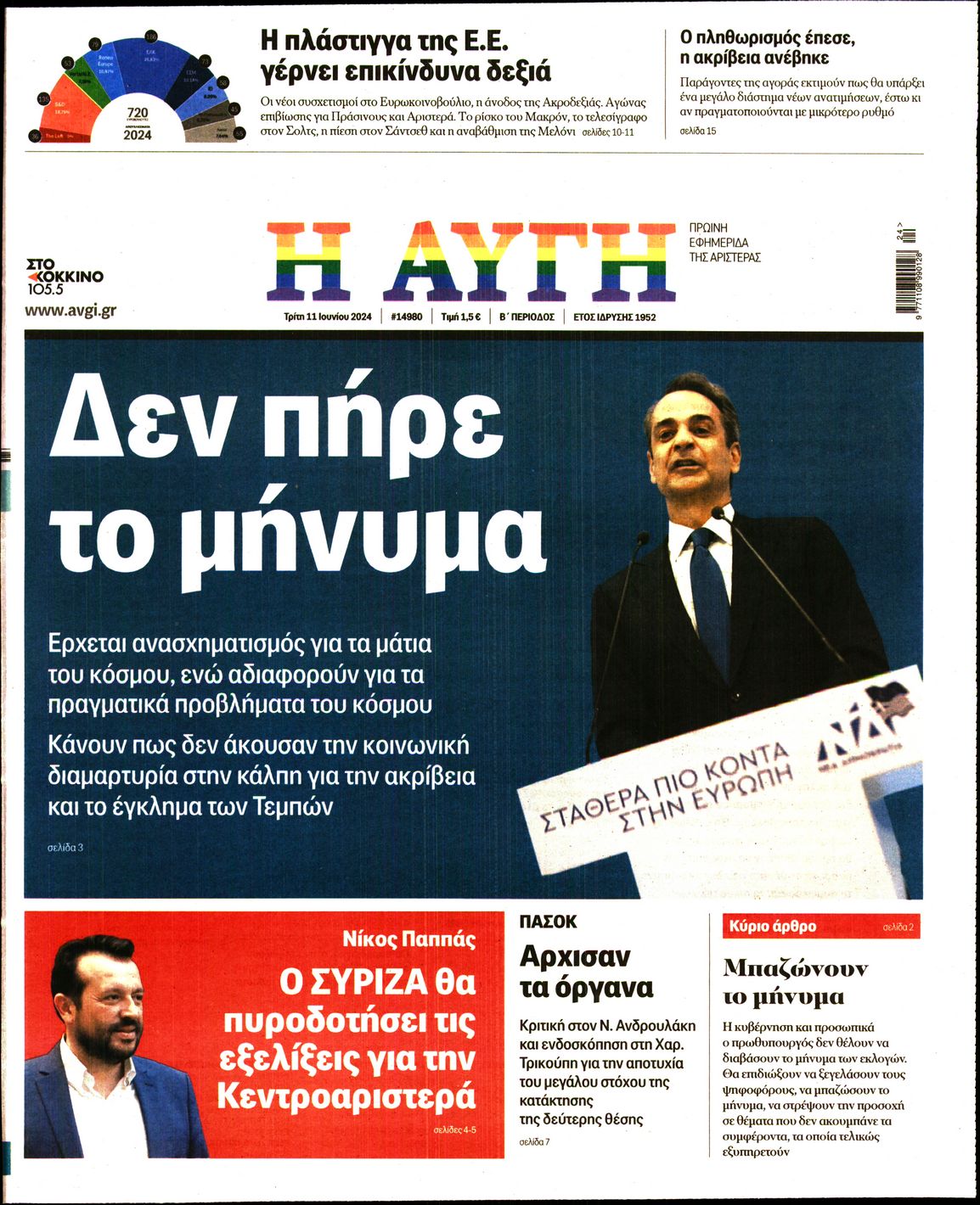 Εξώφυλο εφημερίδας ΑΥΓΗ 2024-06-11