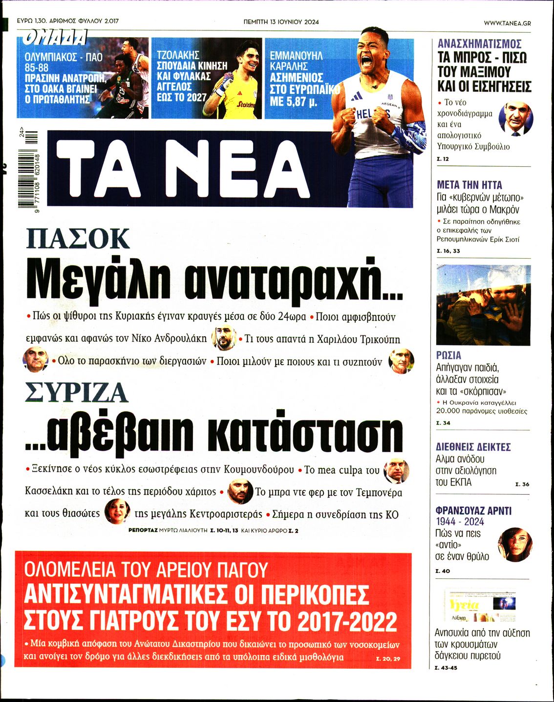 Εξώφυλο εφημερίδας ΤΑ ΝΕΑ 2024-06-13
