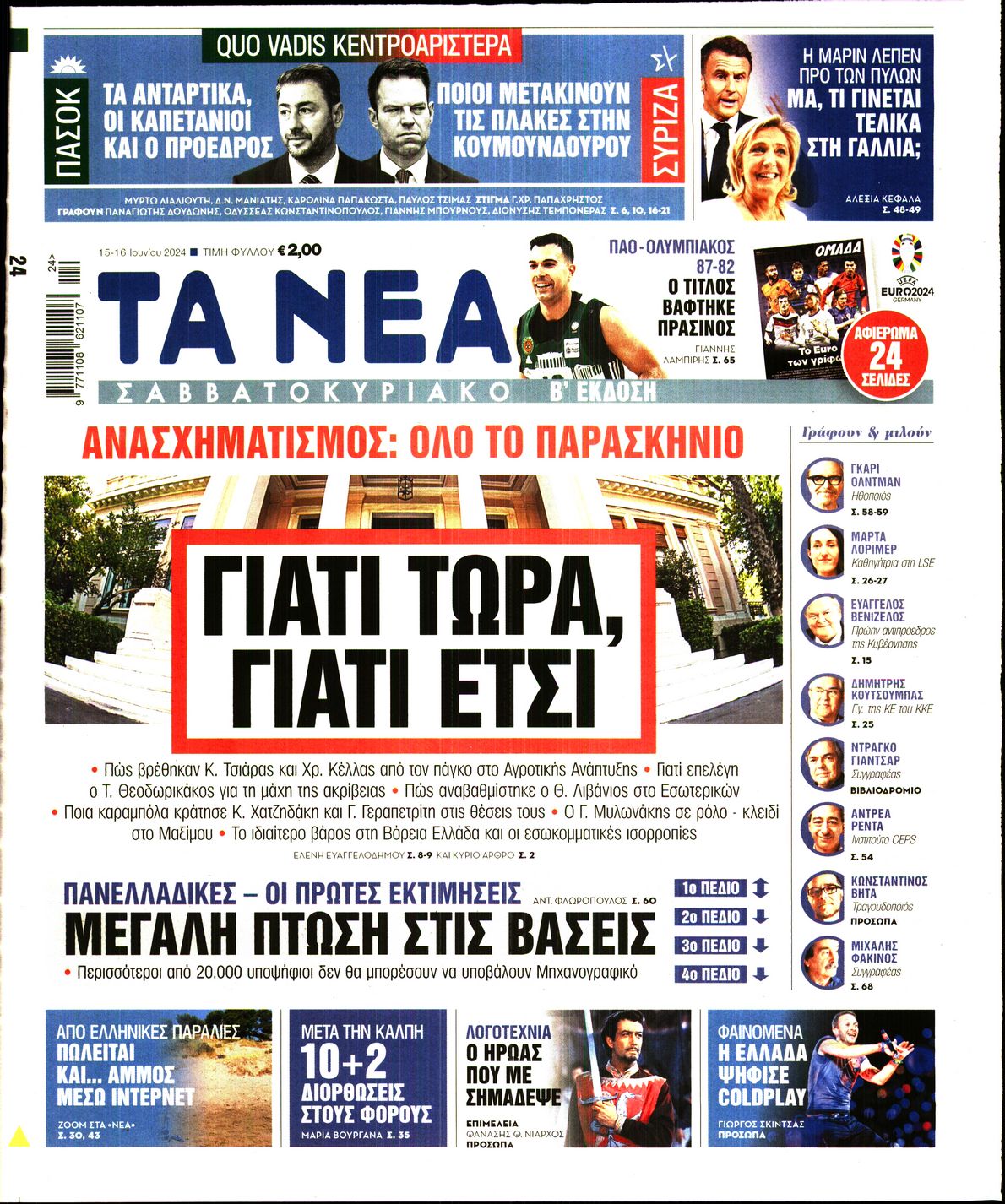 Εξώφυλο εφημερίδας ΤΑ ΝΕΑ 2024-06-15