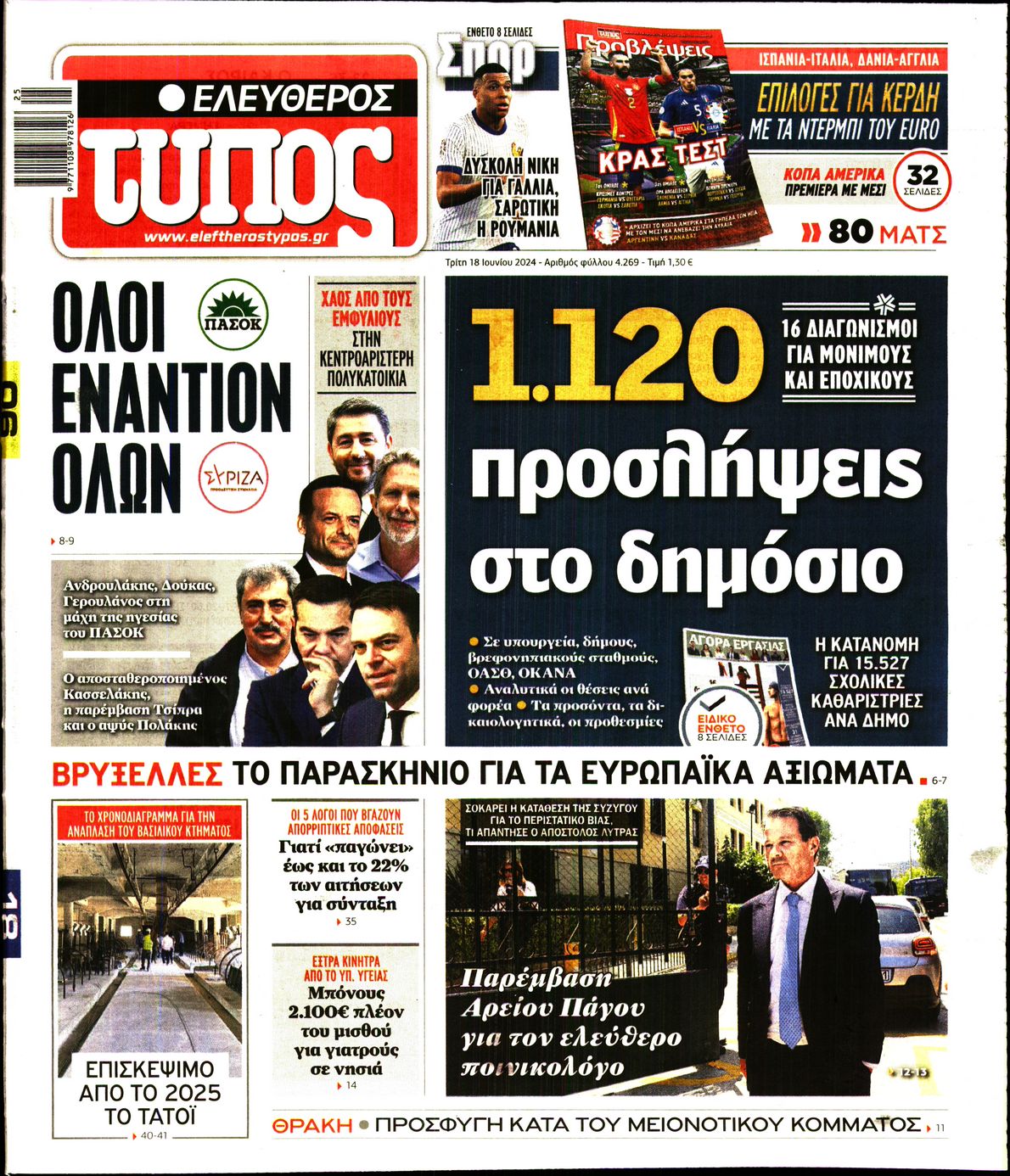 Εξώφυλο εφημερίδας ΕΛΕΥΘΕΡΟΣ ΤΥΠΟΣ 2024-06-18
