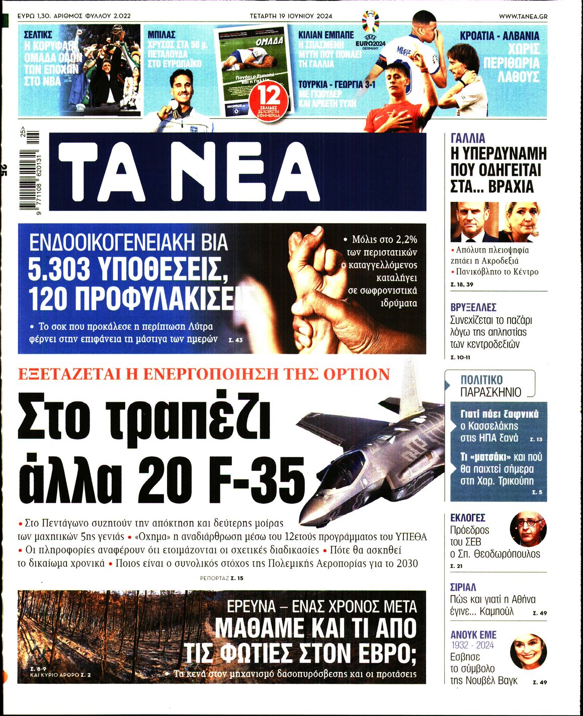 Εξώφυλο εφημερίδας ΤΑ ΝΕΑ 2024-06-19