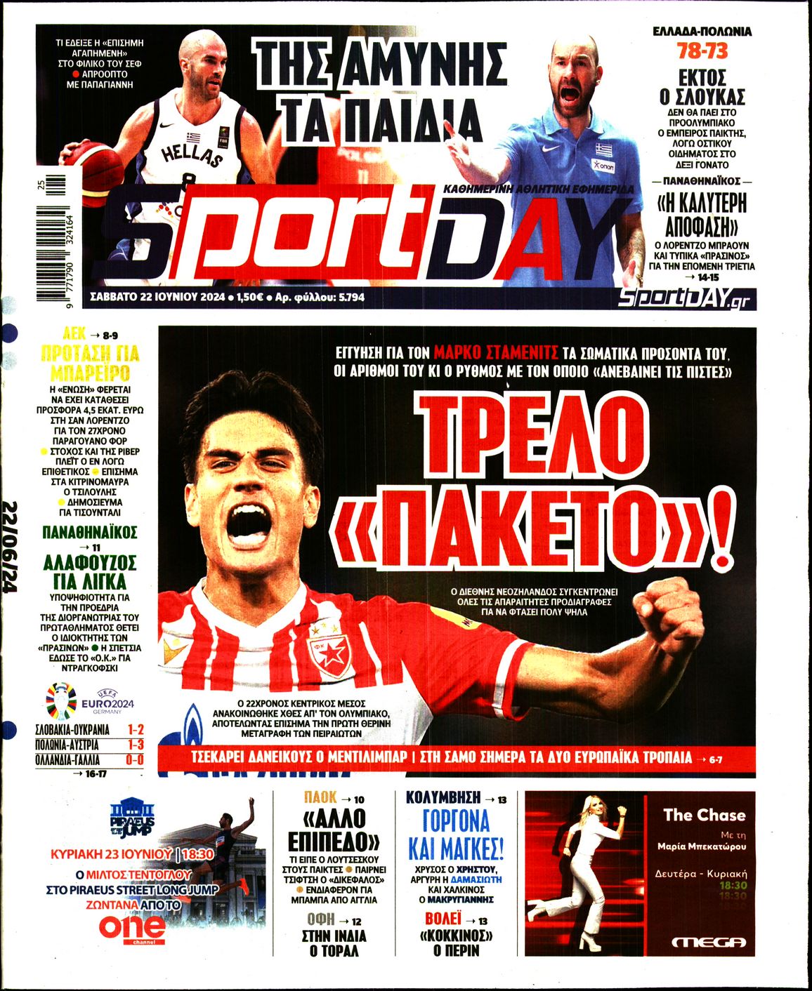 Εξώφυλο εφημερίδας SPORTDAY 2024-06-22