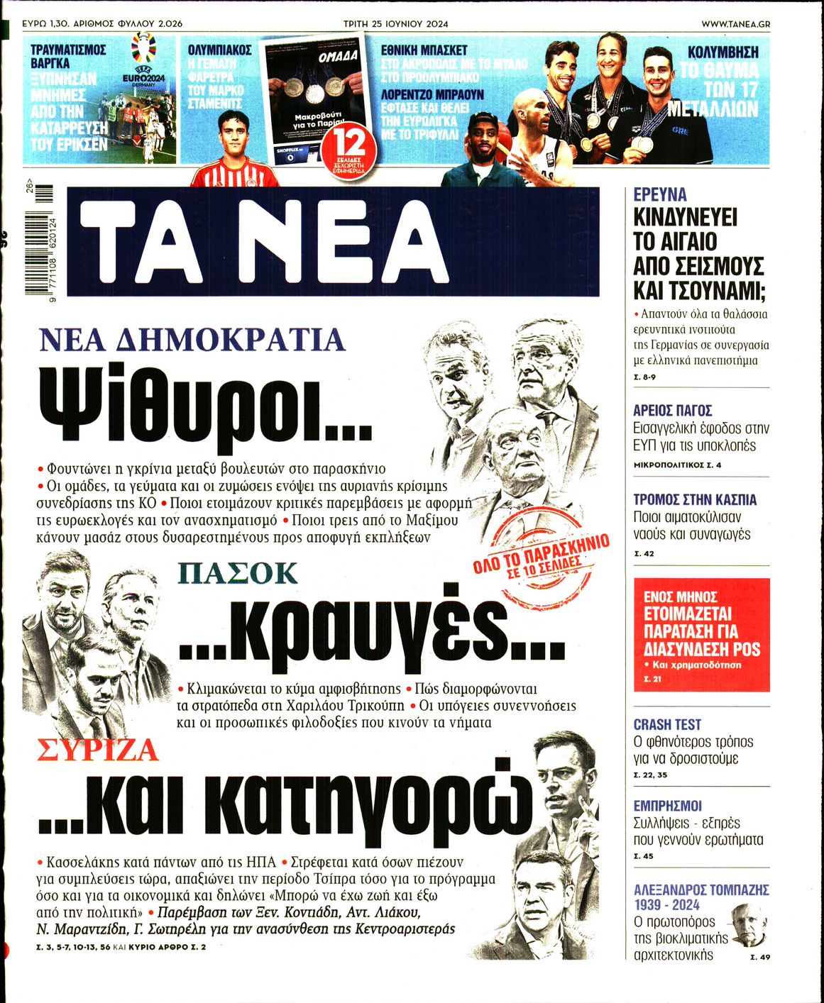 Εξώφυλο εφημερίδας ΤΑ ΝΕΑ 2024-06-25