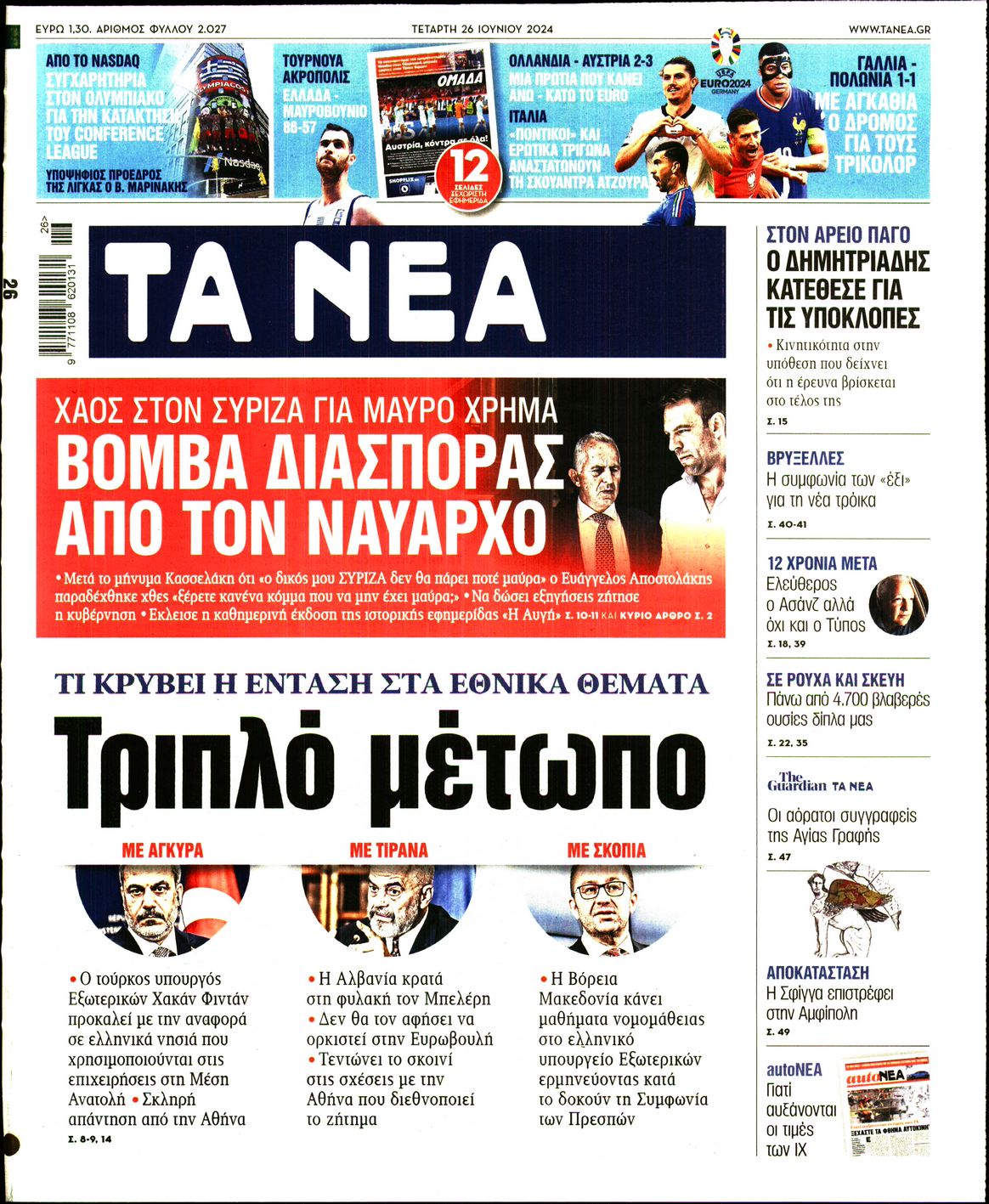Εξώφυλο εφημερίδας ΤΑ ΝΕΑ 2024-06-26