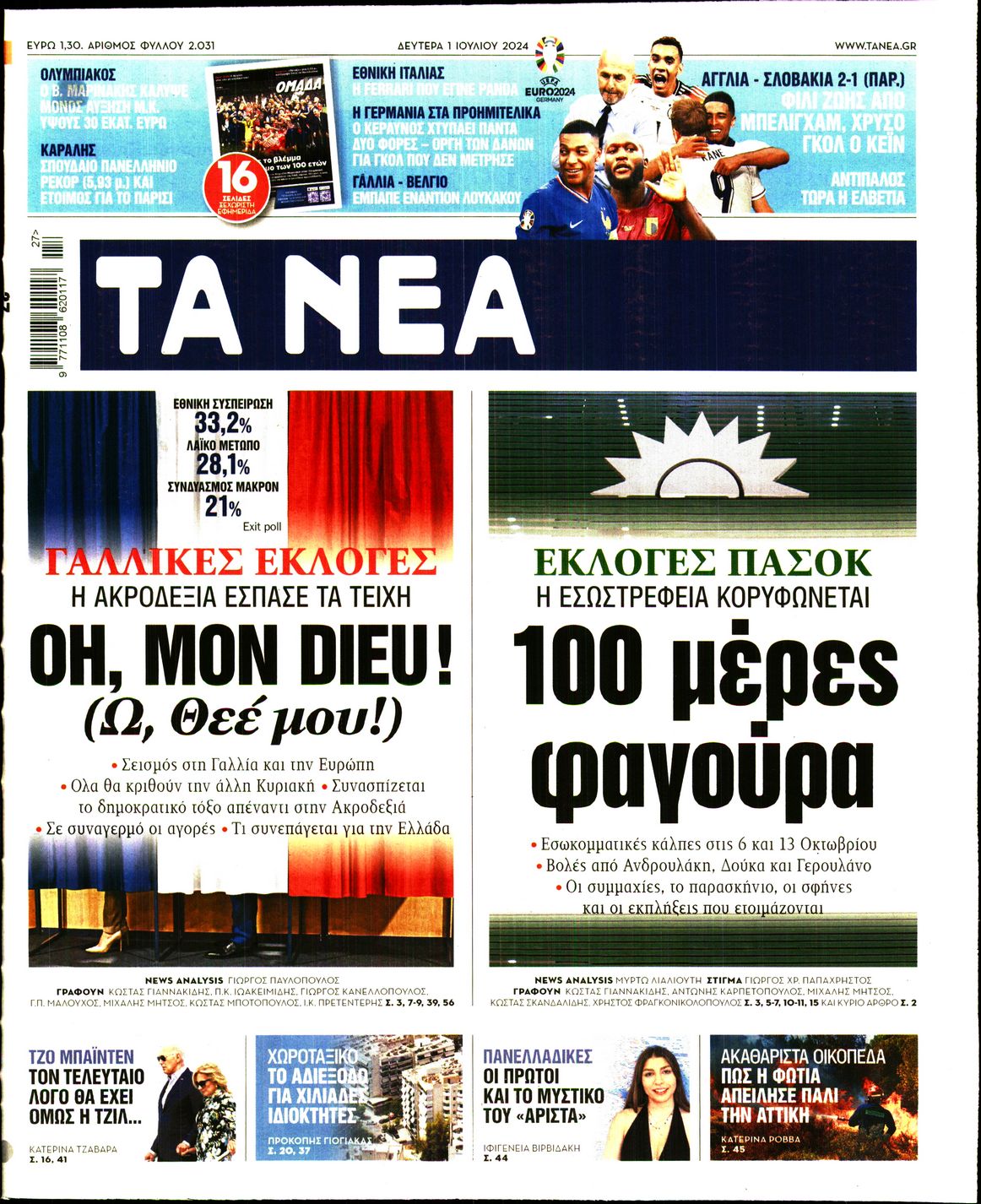 Εξώφυλο εφημερίδας ΤΑ ΝΕΑ 2024-07-01